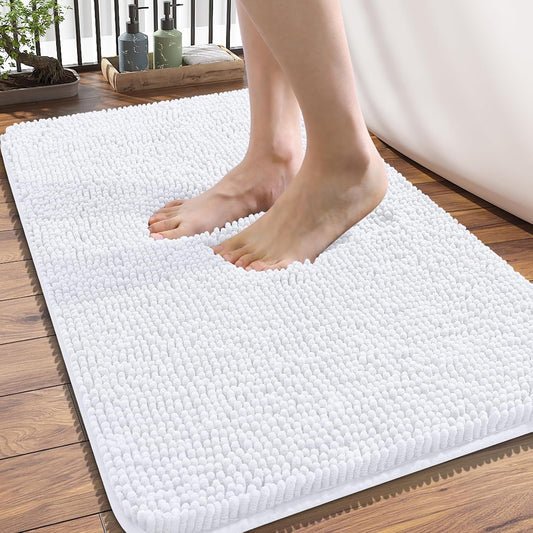 OLANLY Bathroom Rugs 34x21, Extra Soft Absorbent Chenille Bath Rugs, Rubber Backing Quick Dry, Machine Washable Bath Mats for Bathroom Floor, Tub and Shower, Home Decor Accessories, White