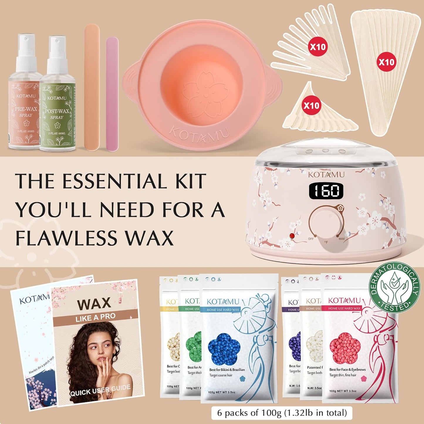 KOTAMU Waxing Kit for Women & Men, Professional Wax Warmer for Hair Removal with Silicone Pot, Wax Kit for Coarse Thick Fine Fuzzy Hair & Sensitive Skin, Waxing Warmer for Home Salon Use