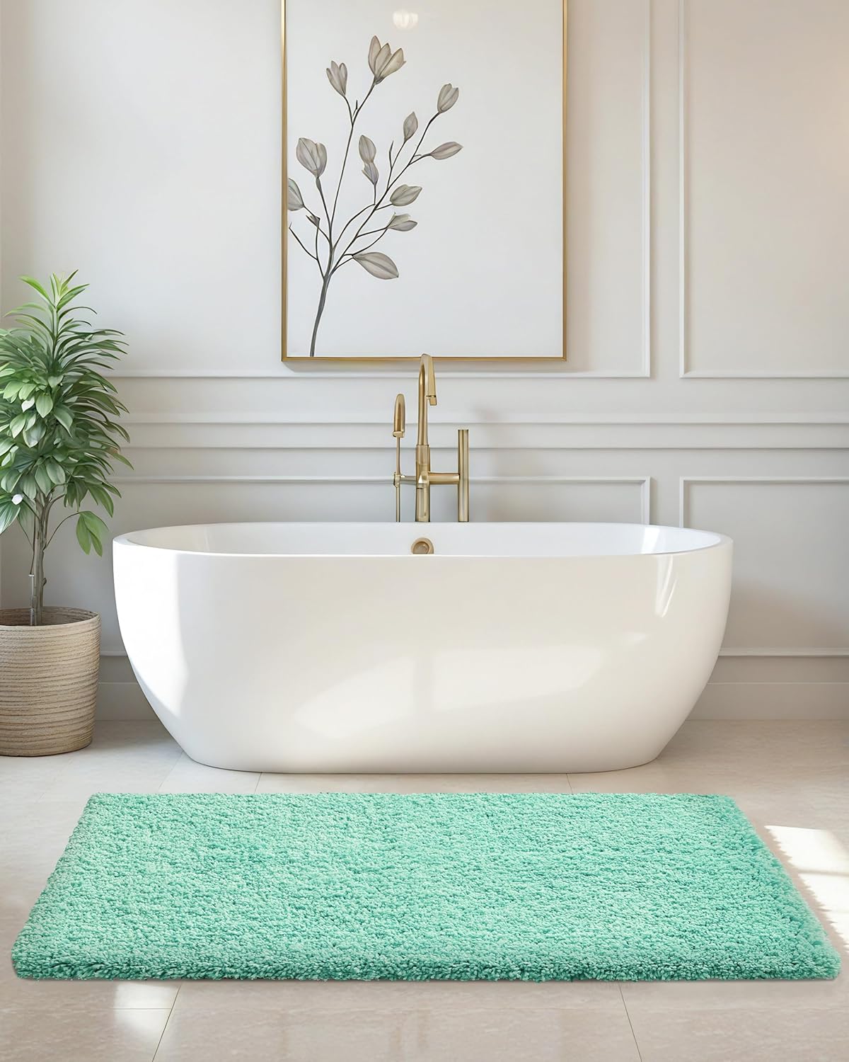 ILANGO Spa Blue Bathroom Rugs 48" × 24" Non Slip & Super Absorbent Extra Thick Soft, Washable Bath Mat for Floor, Microfiber Plush Shaggy Bath Rug with Rubber for Bathtub Shower Room Sink