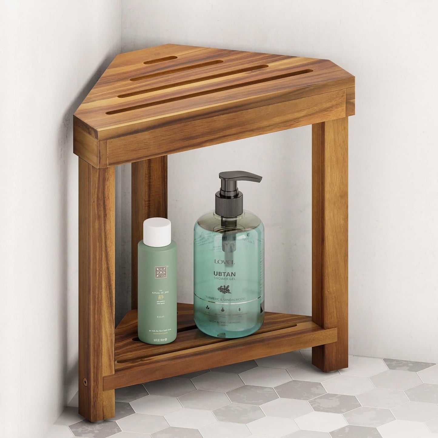 BLUEWEST Shower Foot Rest, Corner Shower Stool, Wooden Shower Foot Stool for Shaving Legs Inside Shower, Waterproof Shower Foot Rest with Storage Shelf for Small Shower Space, Shower Seats and Benches