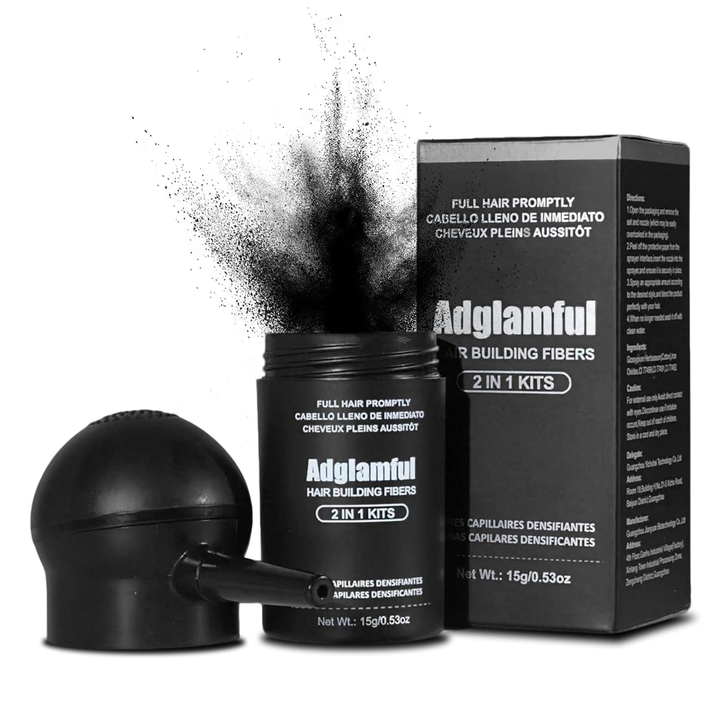 Hair Building Fibers with Spray Applicator, Hair Fibers for Thinning Hair, Undetectable & Long-lasting, Instant Coverage Bald Spots and Hair Loss, Fuller and Thicker Hair Finish (Black, 15g)