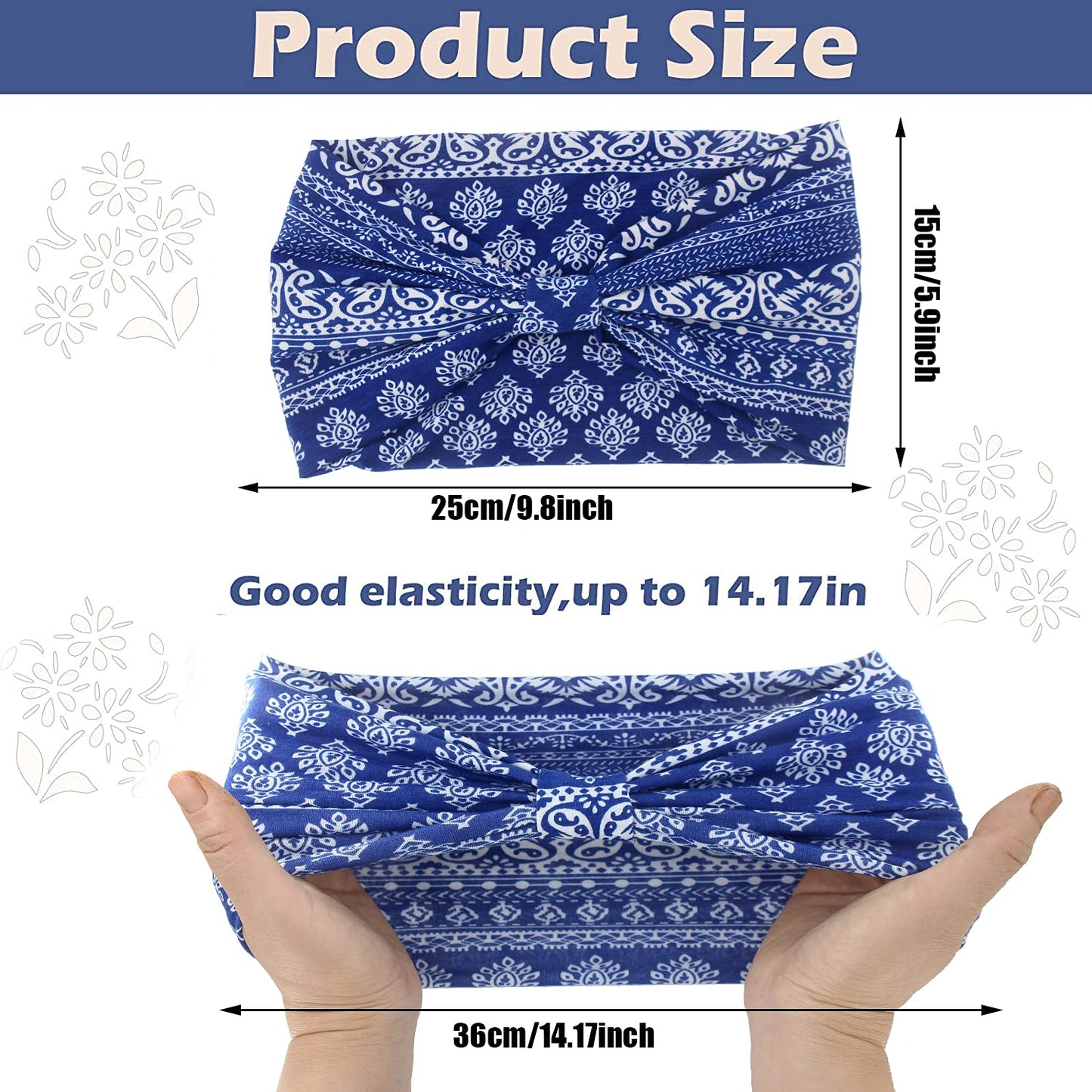 Yeshan Wide Bandana headbands for Women Boho Bandeau Headbands Knot Hair Scarf Bands Stretch Floral Printed Non Slip Headbands Elastic Turban Head Wraps Thick African Headbands,Pack of 6