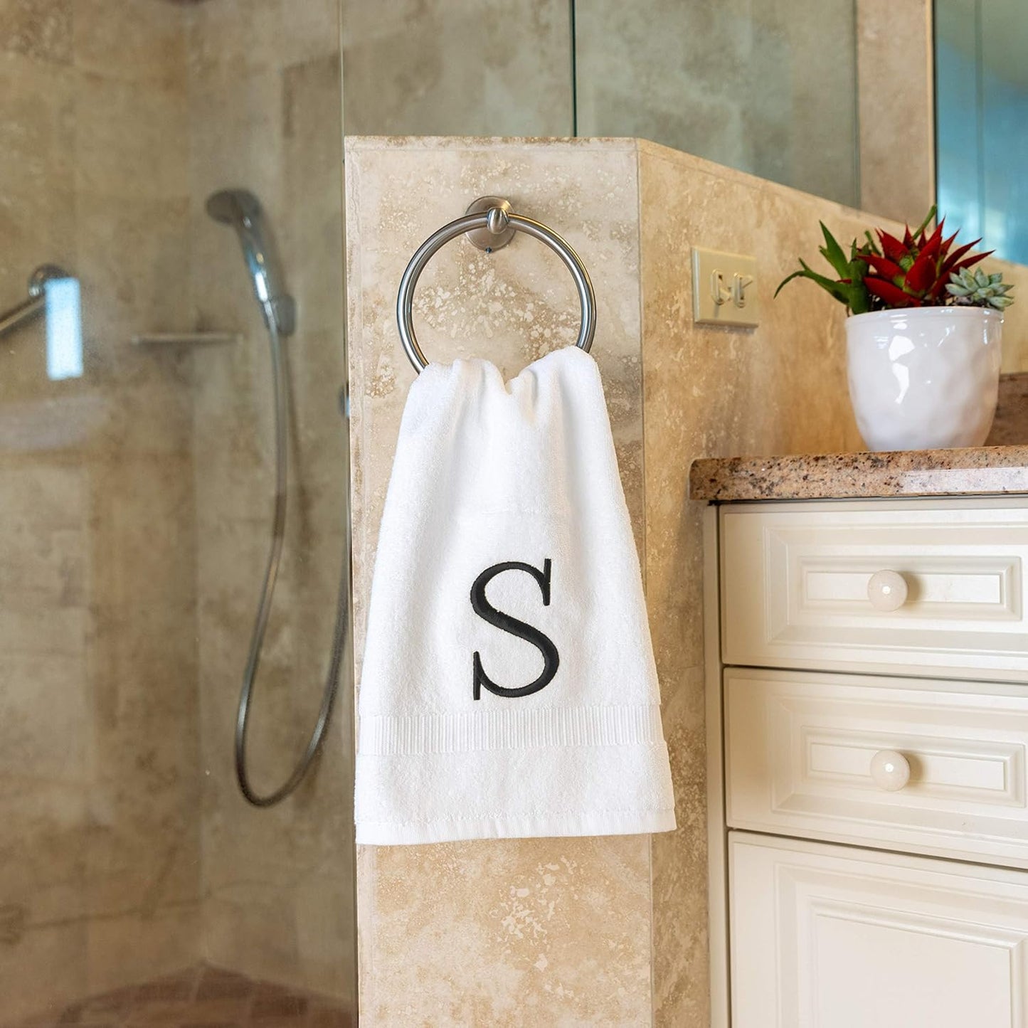Dark Gray, Letter Hand Towel for Bathroom - Monogrammed Initial Hotel Quality Decorative Embroidered Towel for Powder Room, Spa - GOTS Organic Certified - Pack of 2, Letter S