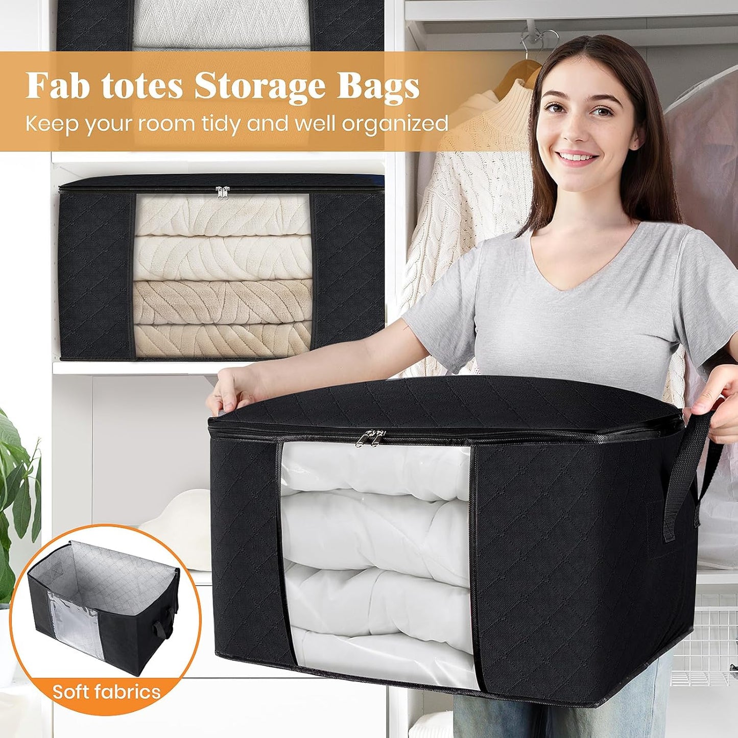 Fab totes 3 Pack Clothes Storage, Foldable Thick Fabric Blanket Storage Bags, Containers for Organizing Bedroom, Closet, Clothing, Comforter,Closet Organization with Handle,Black