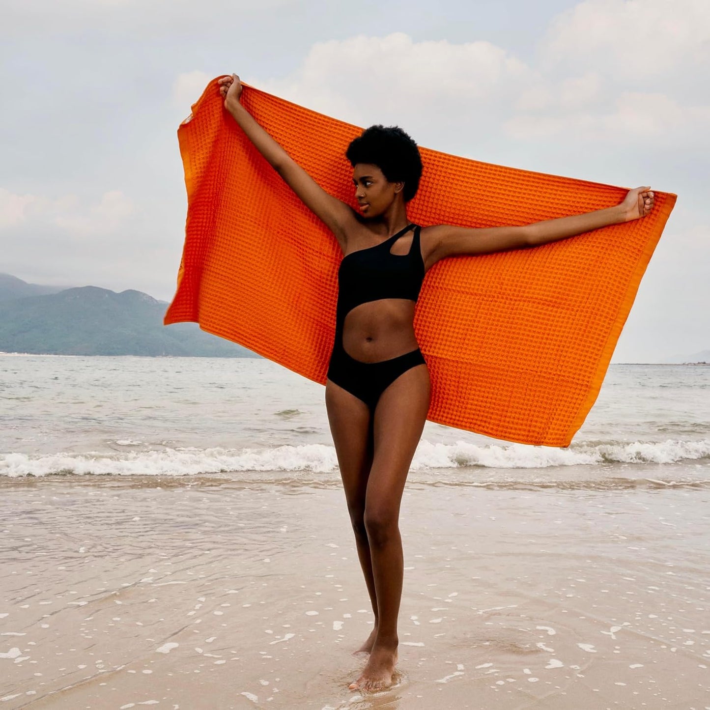 Luxury Japanese Cotton Waffle Bath Towel | Plush, Absorbent, and Quick Dry | Free Storage Bag Included (Coral Orange, Bath Towel (Set of 2))