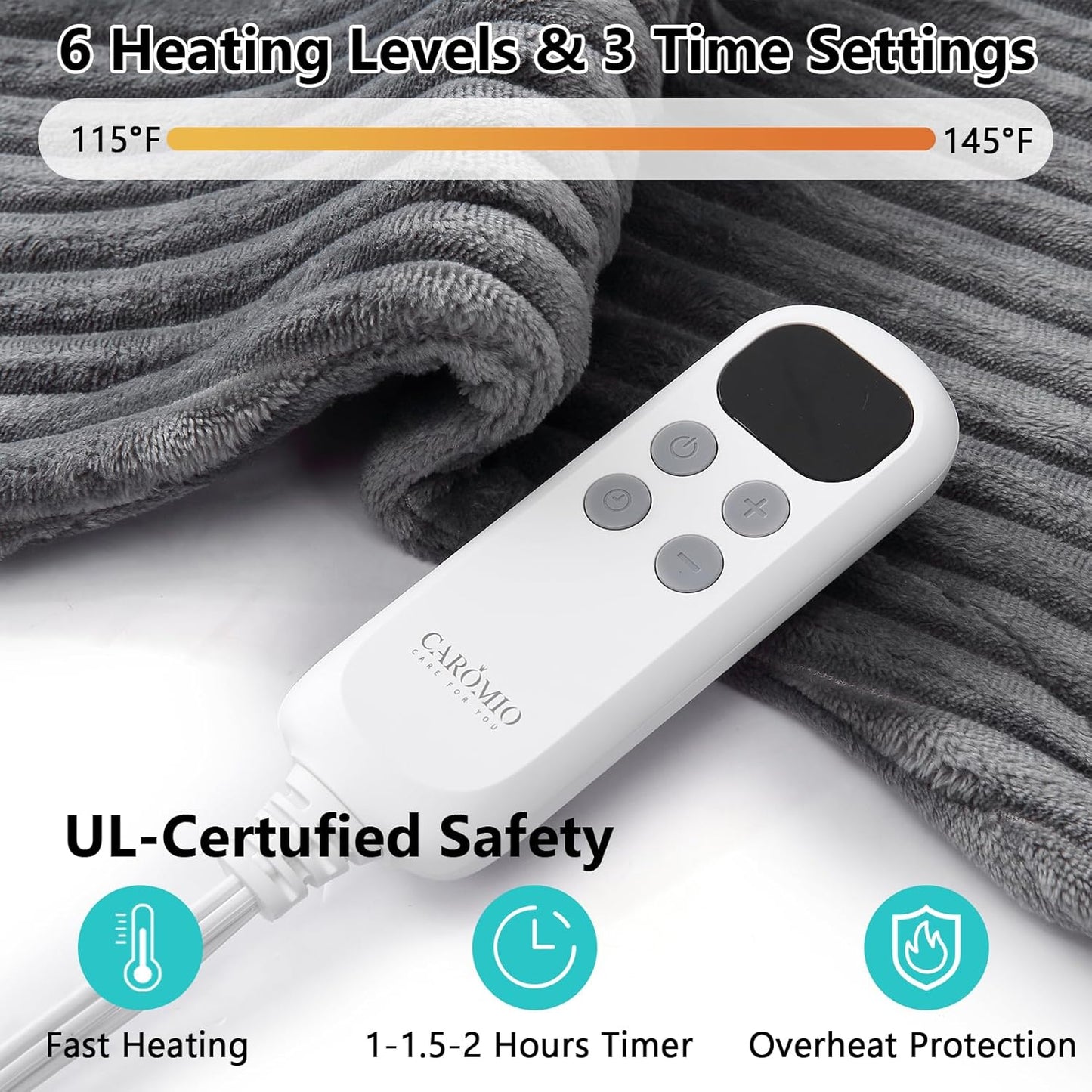 CAROMIO Heating Pad for Back Pain Relief, Neck and Shoulders Electric Heating Pads Large Size, Full Body Back Heat Pad with Auto Shut Off, Fast Heating and 6 Heat Settings (Grey, 33"x24")