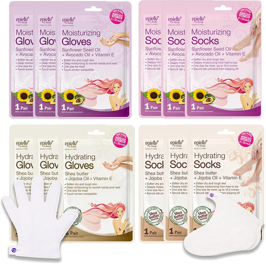 Epielle Hydrating & Moisturizing Hand & Foot Masks 12 Pairs, Relieve and Soften Dry Hands & Cracked Heels with Shea Butter & Sunflower Seed Oil, Korean Skin Care, Spa Set, Self Care Gifts for Women
