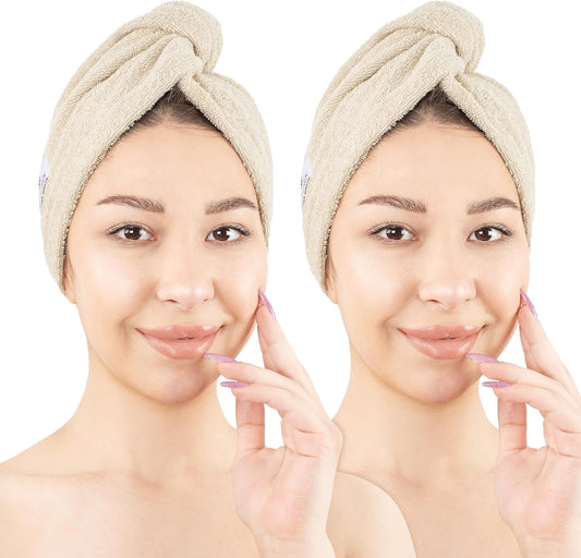 American Soft Linen 100% Cotton Hair Towels for Women, Head Towel Cap, Cotton Hair Turban Towel Wrap for Long Curly Anti Frizz Hair, Soft and Absorbent Cotton Hair Towels 2 Pack, Beige