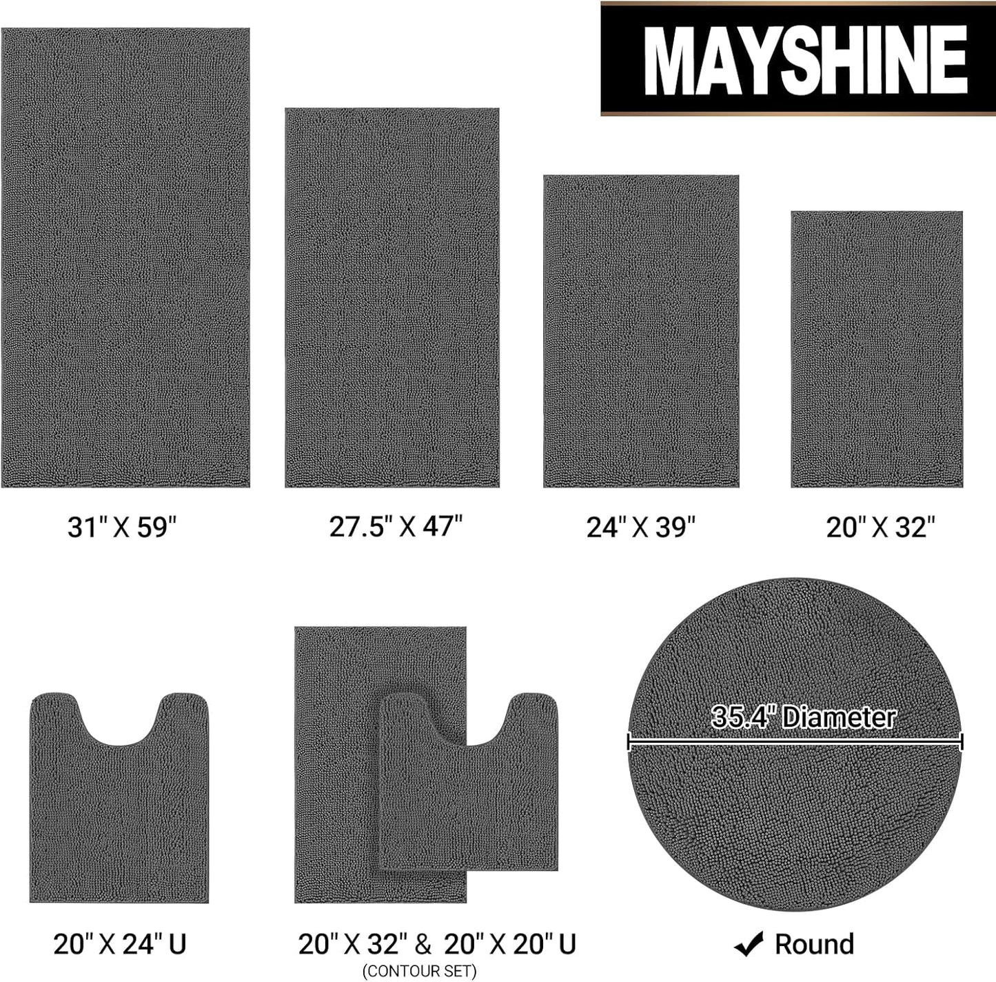MAYSHINE Round Area Rug Set for Bathroom | Soft Plush Chenille Bath Mat, Water Absorbent Non-Slip Bathroom Rug | Washable Shag Carpet, Bedroom, or Home Décor | 36"x36" (Round) | Charcoal Gray