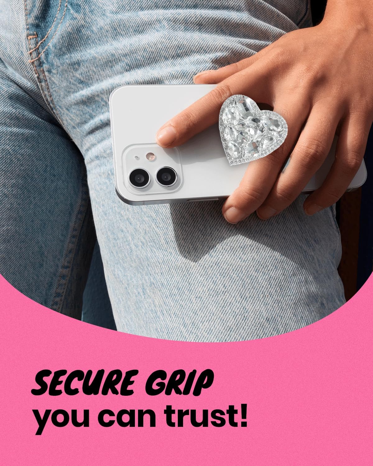 OnTheGrip Cute Cubic Diamond Heart Shape Design Collapsible Expandible Mobile Phone Grip Stand Holder for Smartphone Tablet Cell Phone Accessory (Silver Small)