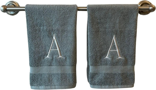 Gray Initial Hand Towel for Bathroom - Monogrammed Luxury Hotel Quality Decorative Embroidered Towel for Powder Room, Spa - GOTS Organic Certified - Set of 2 Silver Letter A