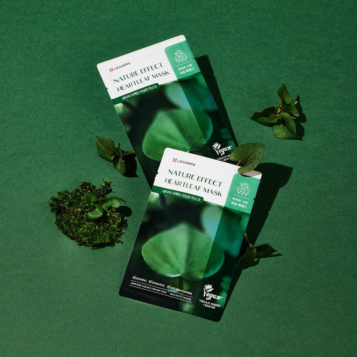 LEADERS Nature Effect Heartleaf Mask - Hydrating & Restoring Face Mask for Dry, Acne-Prone, Sensitive Skin | Soothing, Balancing, & Soft Skin Control Serum Content, Vegan Certified - 10 Sheets
