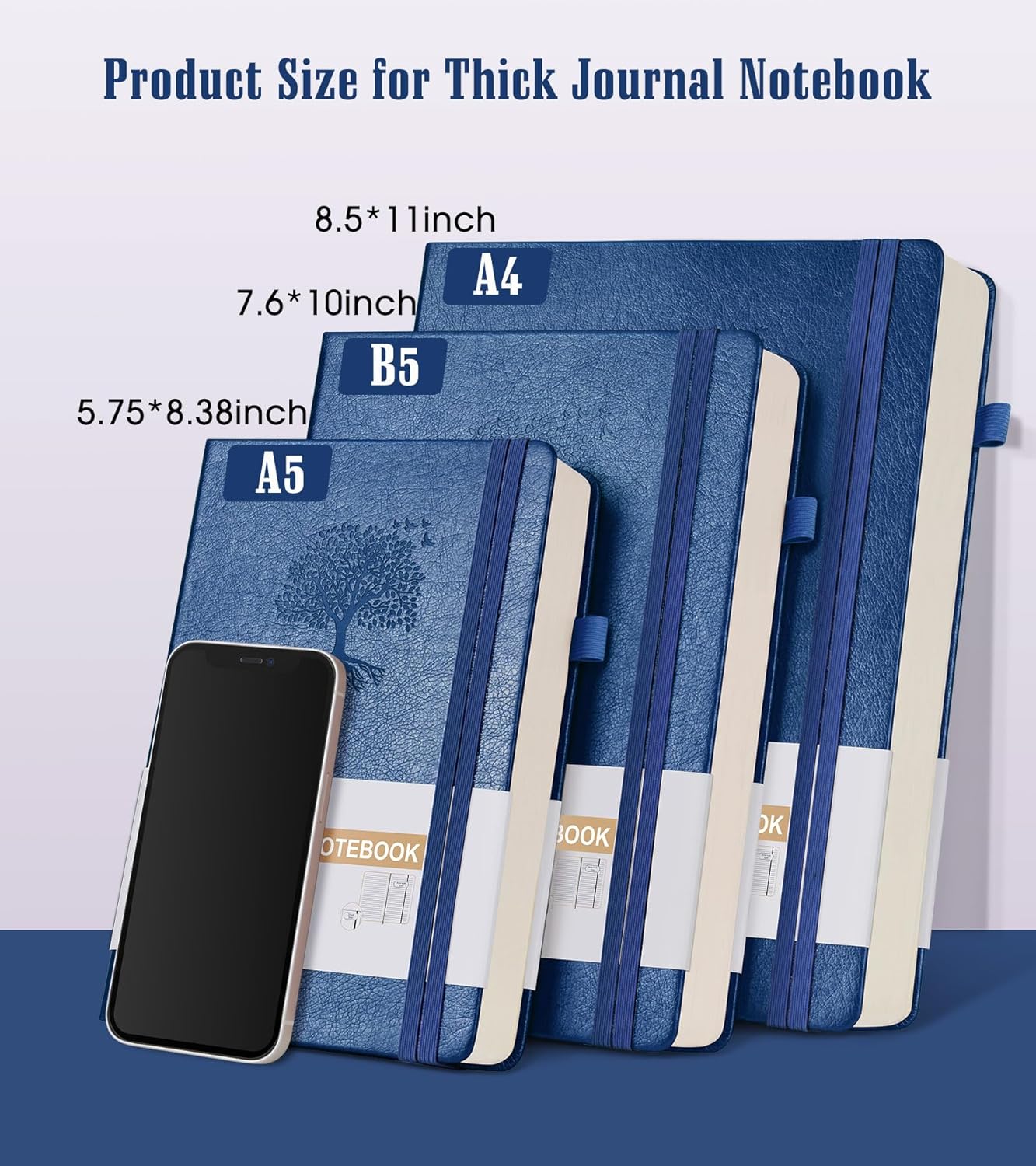 Lined Journal Notebook, 365 Pages B5 Large Journals for Writing Ruled Notebook, Hardcover Leather Journal for Women Men, Daily Notebook for Work, Note Taking, 100Gsm Thick Paper (7.6'' X 10''Darkblue)