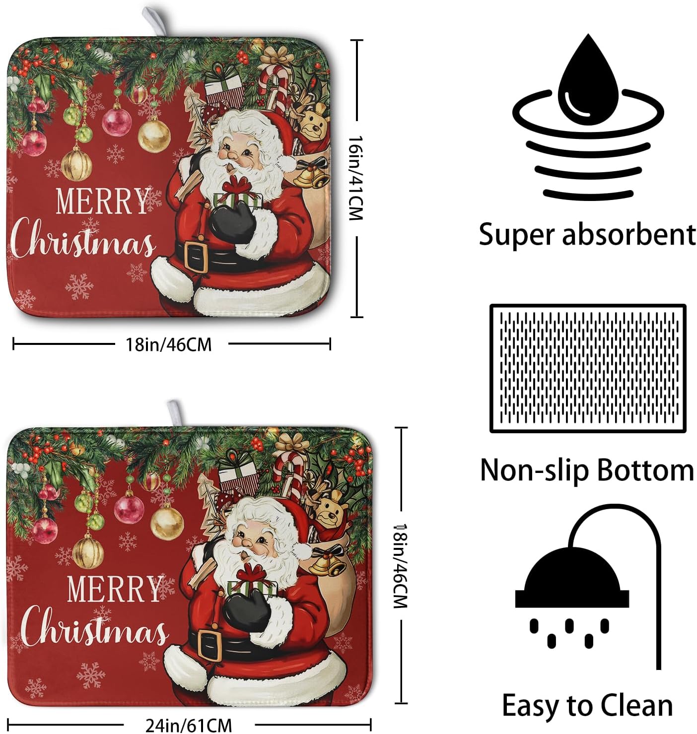 Merry Christmas Dish Drying Mat Santa Claus Kitchen Drainer Mats Microfiber Absorbent Winter Xmas Holiday Dishes Pad Reusable Dish Rack Mat for Countertop Tableware Decor 18x24 Inch