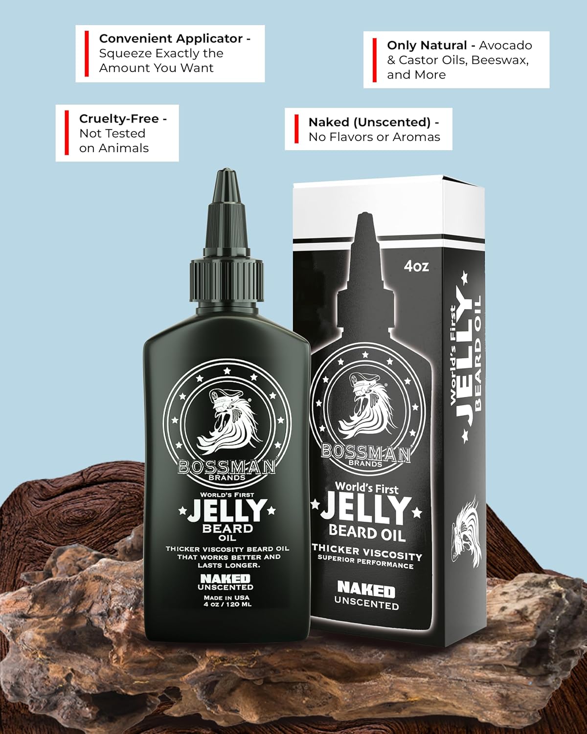 Bossman Jelly Beard Oil for Men (4 oz, Naked - Unscented) – Softens, Moisturizes & Conditions with Natural Ingredients