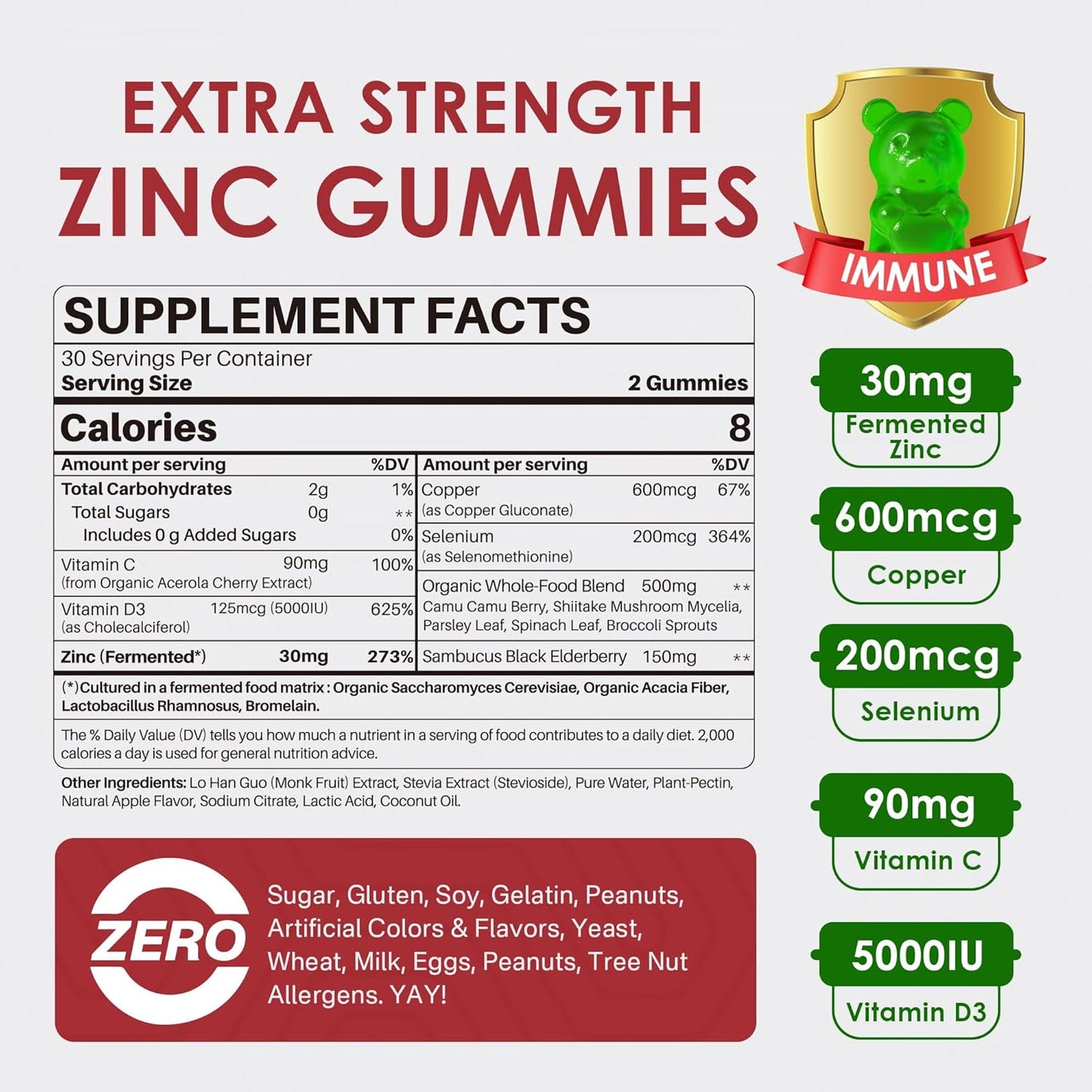 Zinc Gummies + Copper, Selenium, Vitamin C & D3, Fermented Zinc Supplements for Women and Men with Elderberry for Daily Immune Support, Powerful Antioxidant, High Absorption, Vegan, Sugar Free, 60 Cts