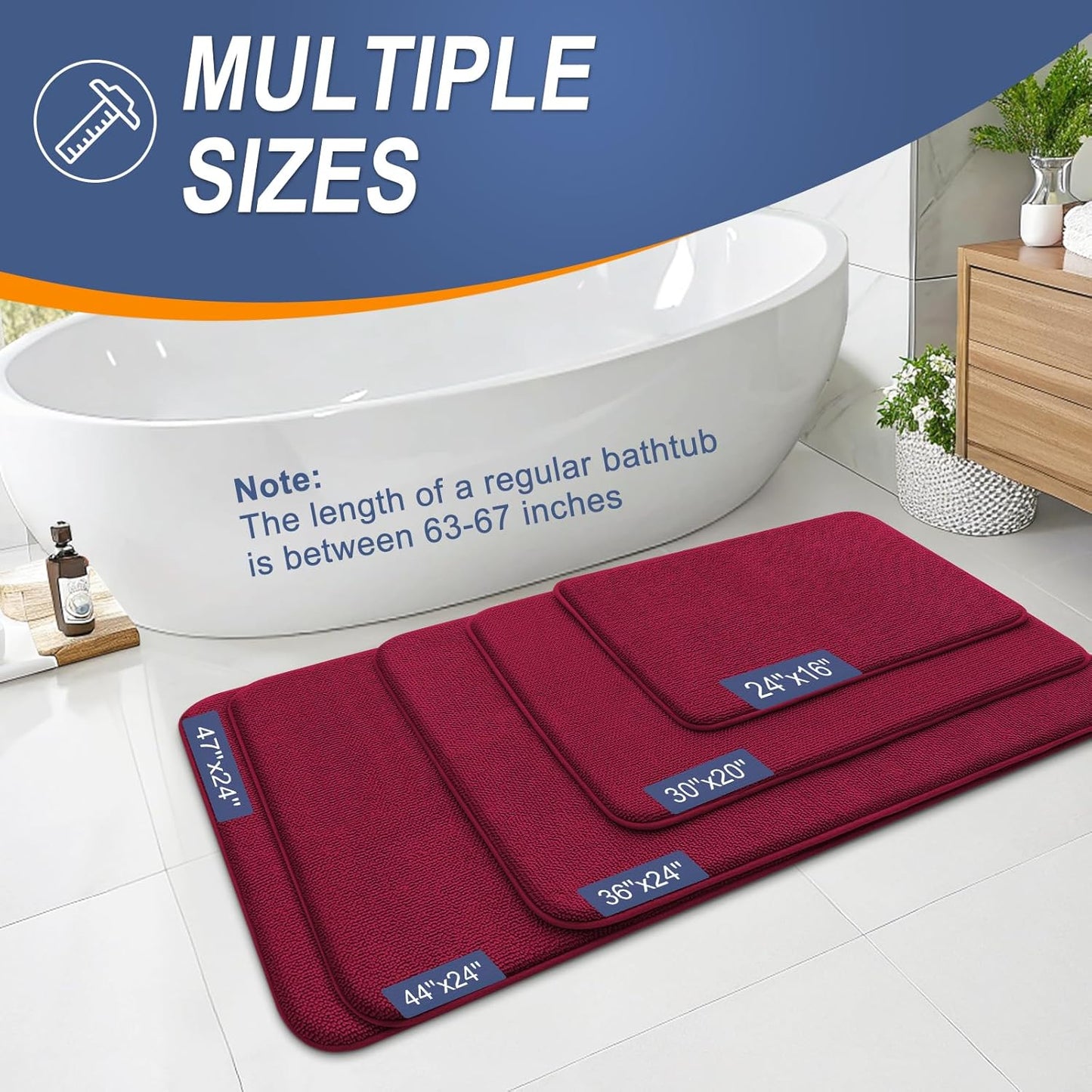 OLANLY Thick Memory Foam Bath Mat Rug 44x24, Extra Soft Absorbent Bathroom Rug, Quick Dry Bath Mats, Non-Slip, Machine Washable Carpet for Bathroom, Tub and Shower, Home Decor Accessories, Burgundy