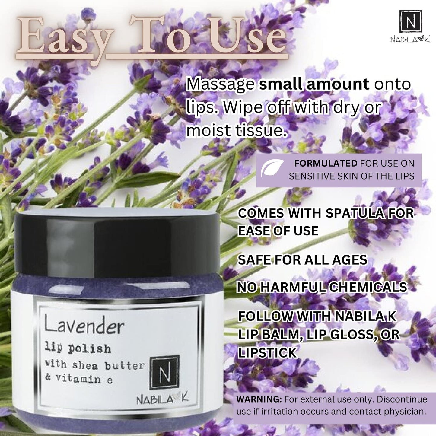 Lavender Lip Polish, 1 oz by Nabila K - Hydrating Lip Exfoliator & Moisturizer with Shea Butter and Vitamin E for Dry and Chapped Lips - Cruelty-Free, Real Sugar, Made in USA