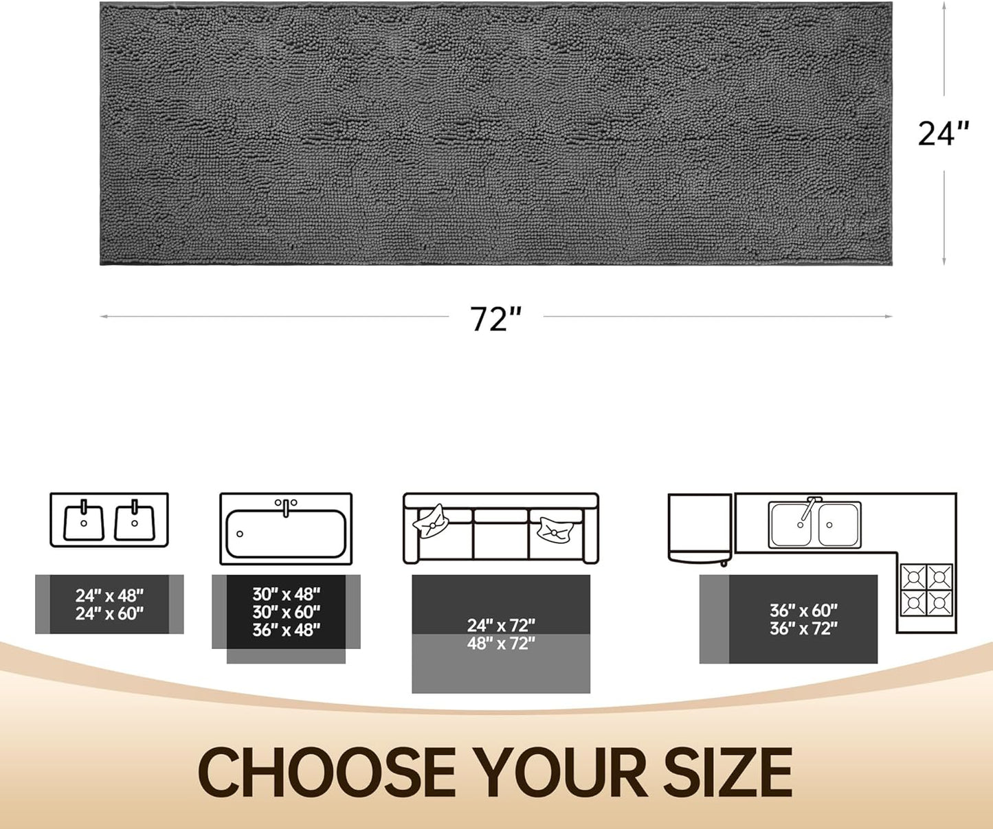 Amyracel Bathroom Rug Mat 24x72, Thick Soft Quick Dry Absorbent Chenille Bath Rug, Rubber Back Non Slip Machine Washable Bath Mat for Bathroom Shower Tub Floor