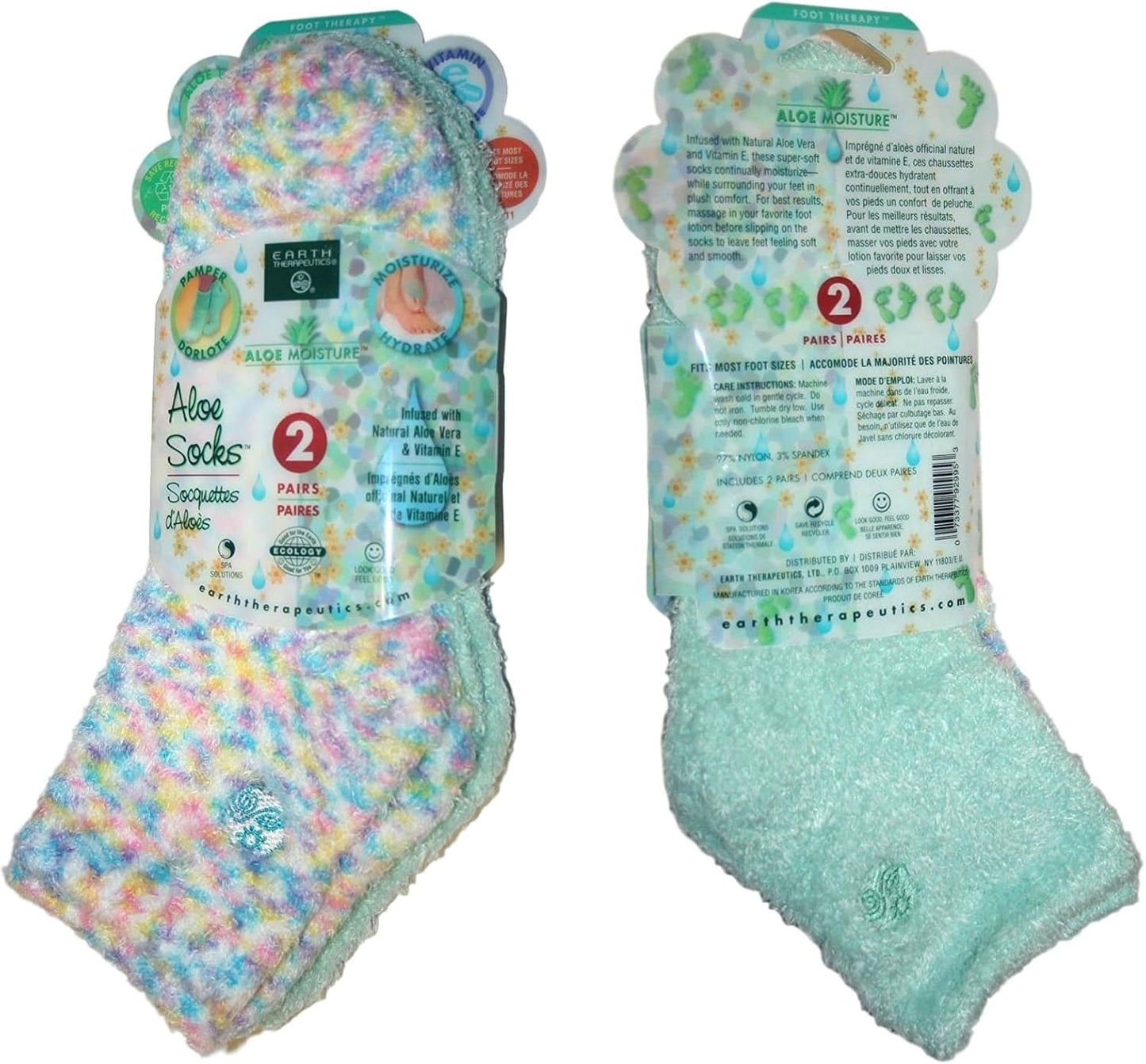 Earth Therapeutics Aloe Socks, 2 Pair Per Package (1 Pair Multi-colored, One Pair Aqua) by Earth Therapeutics