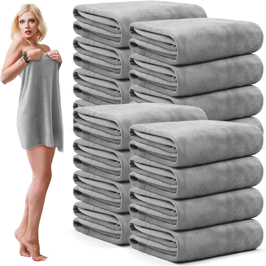 16 Pack Microfiber Bath Towels Bulk 27'' x 60'' Oversized Size Bath Towel Highly Absorbent Extra Large Soft Drying for Shower Beach Salon Winter Sport Spa Gym (Simple,Light Grey)