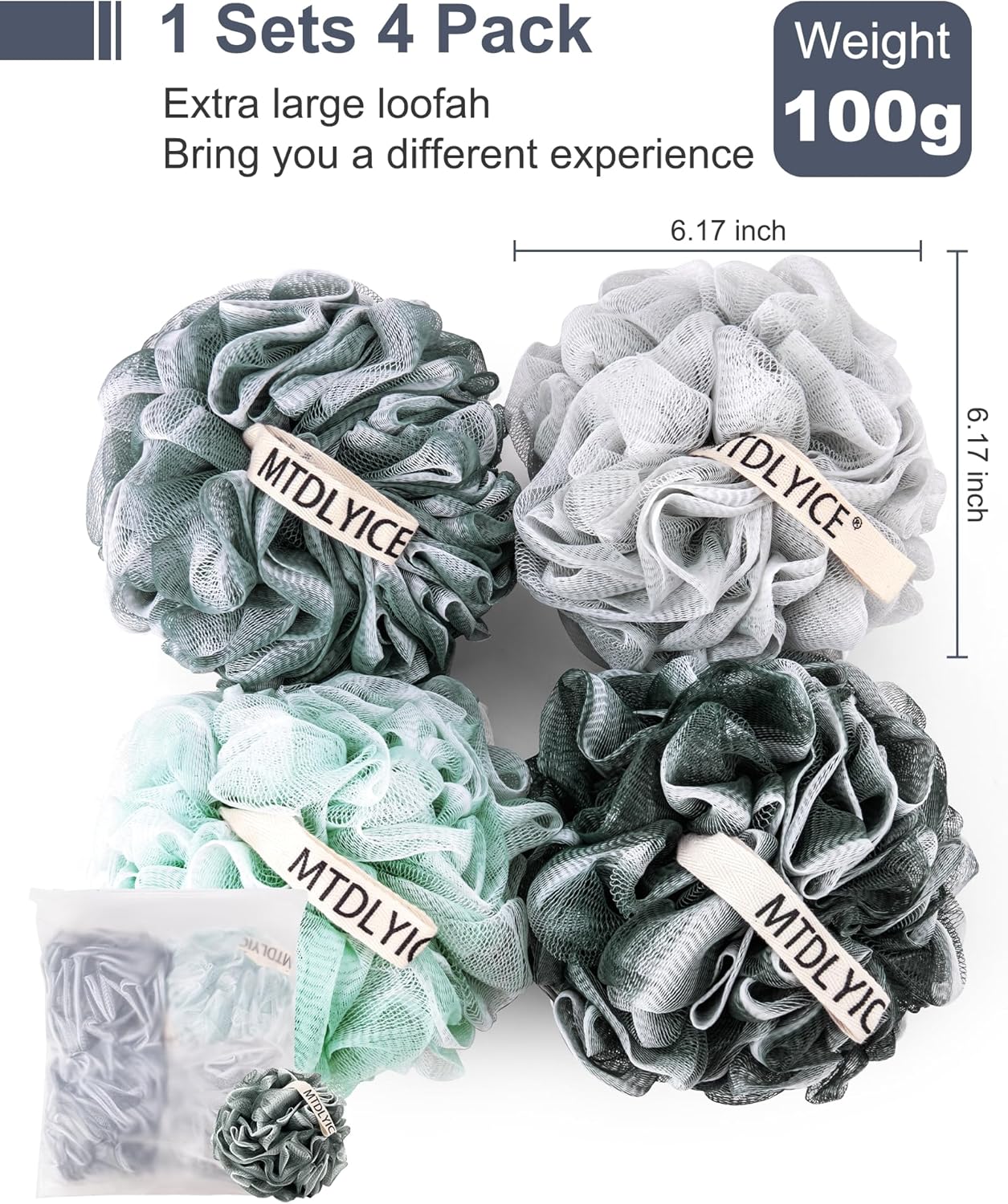 Loofah Sponge, XXL Large Loofah 100g 4 Pack, Bath Sponge Soft Mesh Shower Loofah for Men, Body Scrub, Shower Pouf Bath Accessories, for Body Wash, Soap (Blue Gray)