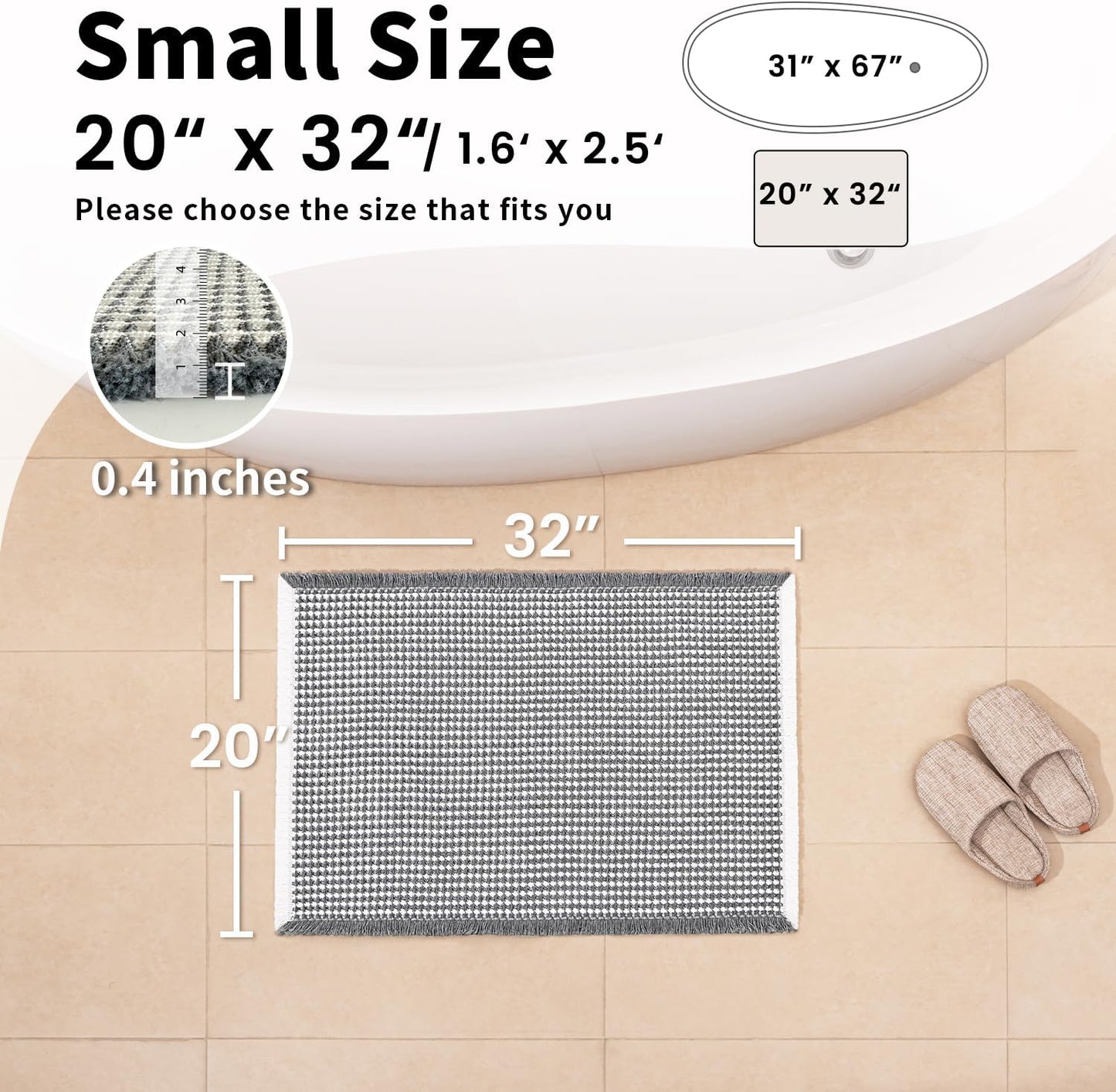 Waffle Bath Mat - Boho Bathroom Rugs Non Slip Washable, Super Absorbent & Quick Dry, Soft Bath Mat Farmhouse Bathroom Decor, 20'' x 32'', Dark Grey and White