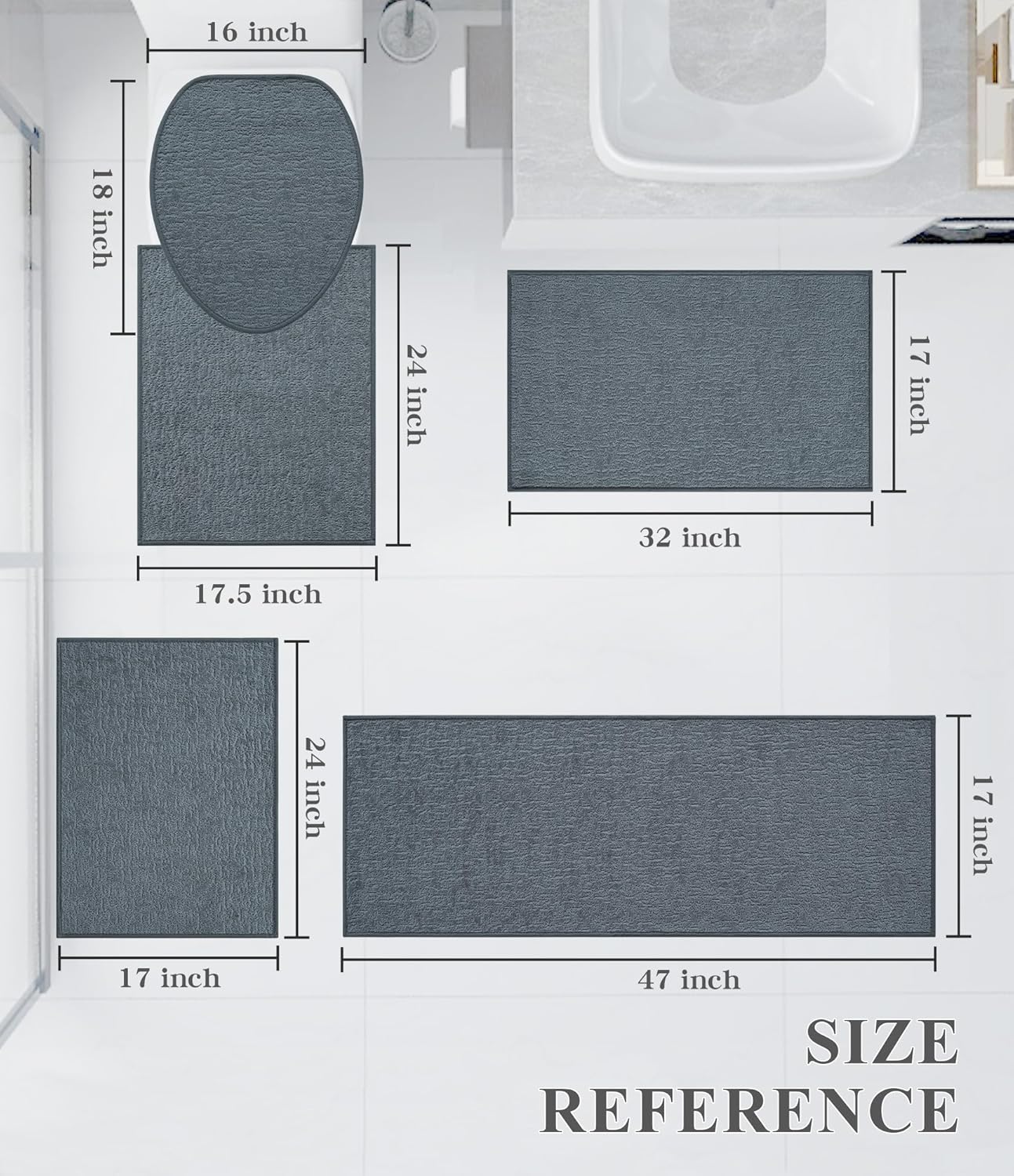 chakme Bathroom Rug Sets 5 Piece, Ultra Thin Bath Mat Quick Dry Bath Mat Set, Absorbent Bath Mat for Bathroom Non Slip Machine Washable, (Light Blue, 5 Piece)