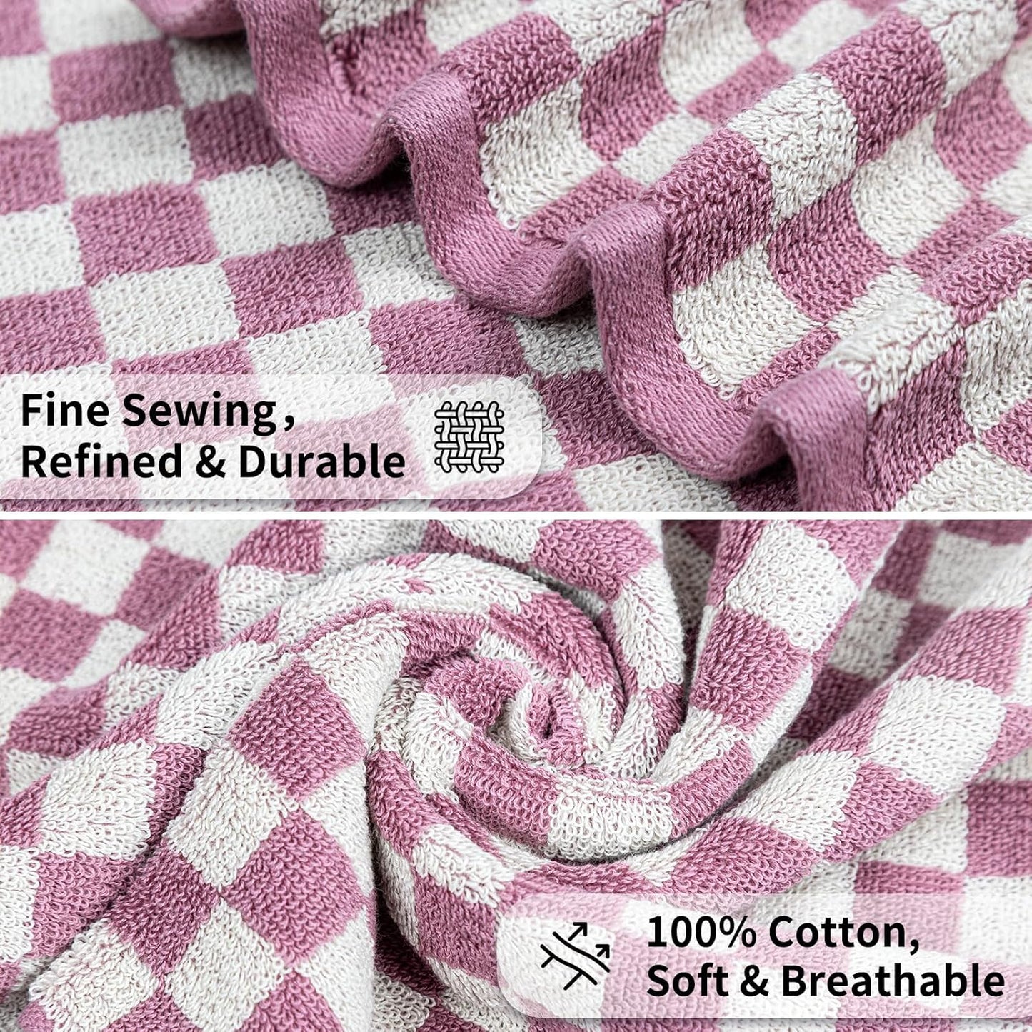 Checkered Bath Towels Set of 6 Large, 520GSM, 100% Cotton Shower Towels * 2 (55.12"*27.56"), Hand Towels * 4 (29.52"*13.77"),Towels for Bathroom、Pool、Hotel, Spa, Soft Absorbent（Pink