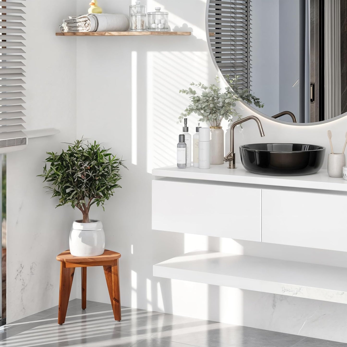 HOLANA 12" Corner Shower Foot Rest - Wooden Showers Stool Seat for Shaving Legs - Small Corner Shower Benches for Inside Shower - Waterproof Bath Step Stools Bench for Bathroom (Acacia Wood)