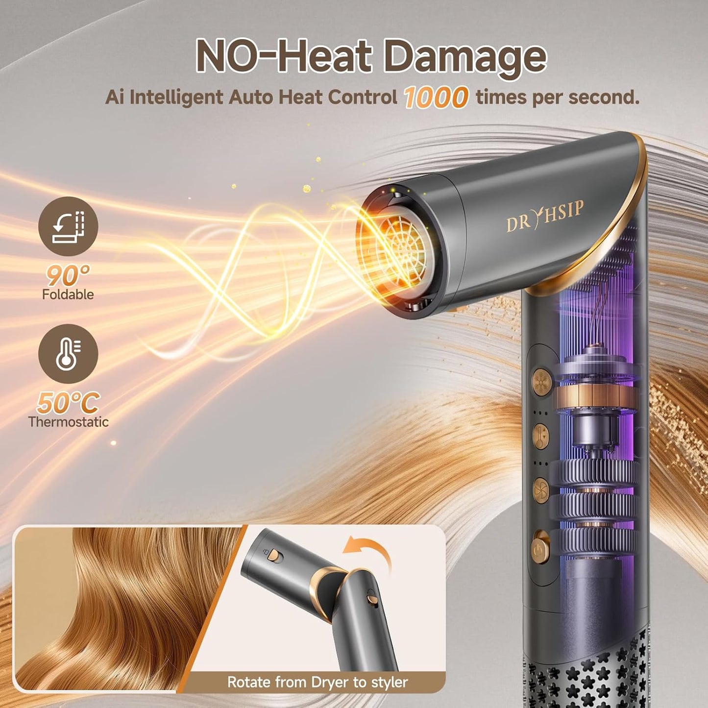 8 in 1 Negative Ionic Foldable Wrap Air Hair Styler Set, 110000 RPM High-Speed Hot Air Brush Blow Dryer for Curl, Fast Drying, Straightening - Multifunctional Hair Dryer Brush with Attachments