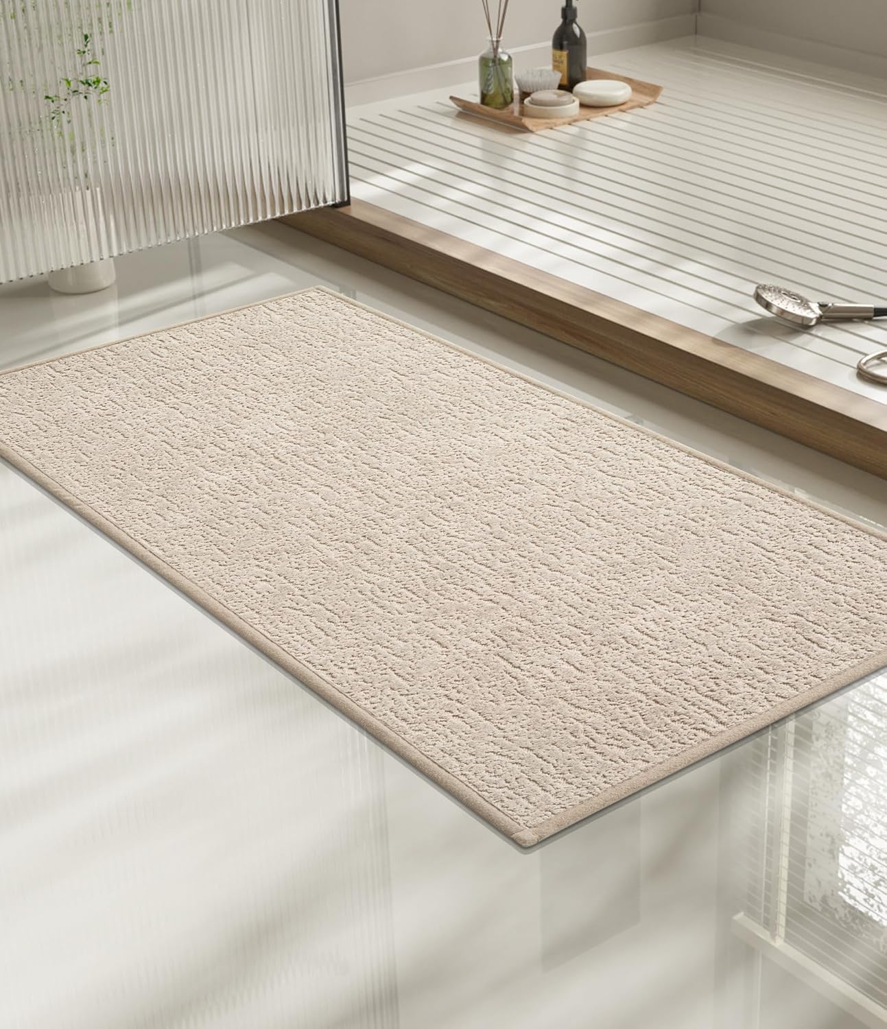 chakme Bathroom Rugs Mat 32x17, Ultra Thin Non Slip Bath Mat Quick Dry Absorbent Bath Mat for Bathroom Floor, (Light Beige, 32"x17")