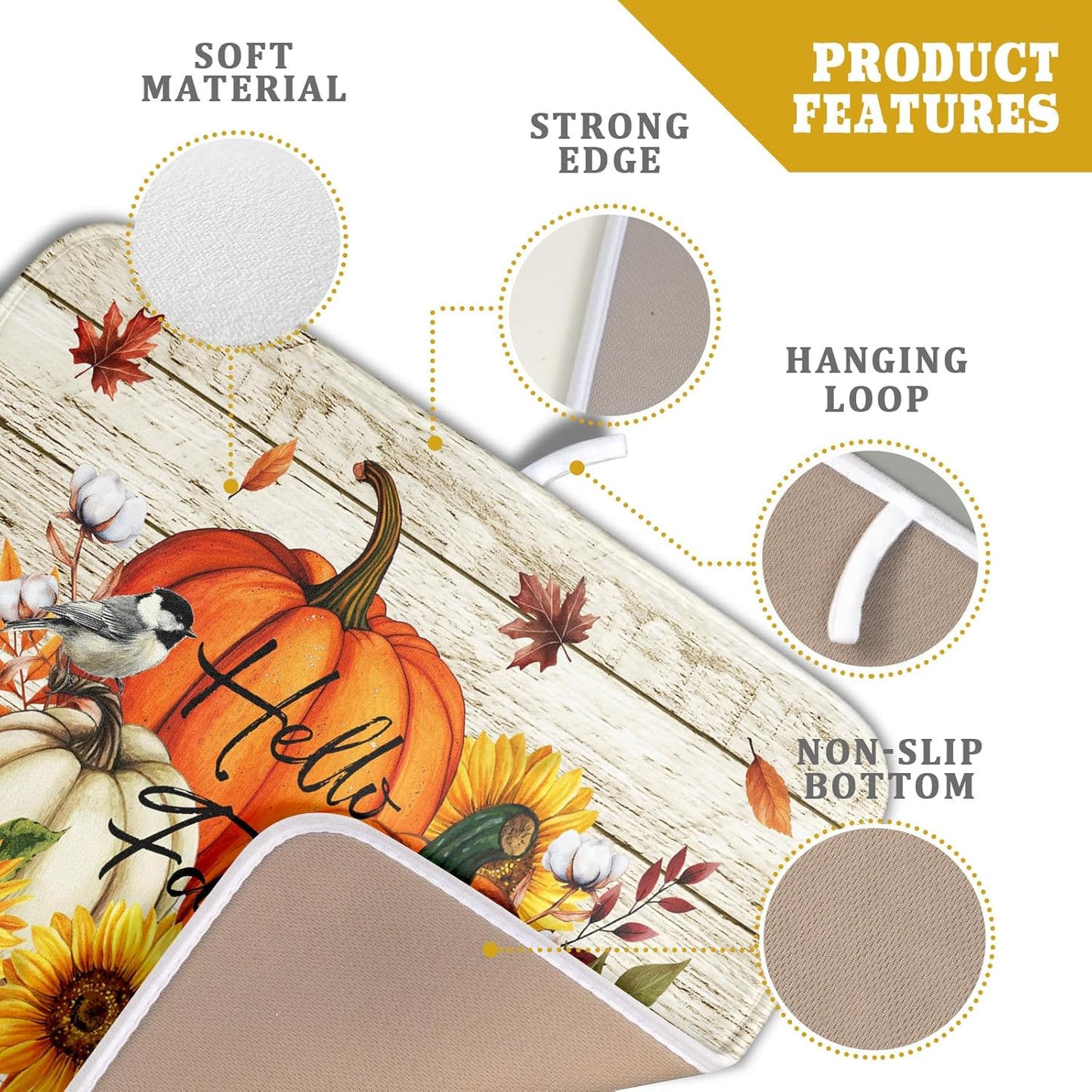 Hello Fall Dish Drying Mat Autumn Pumpkin Dish Drainer Rack Mats 16"x18" Fast Dry Microfiber Dish Drying Pad for Kitchen Countertop Table