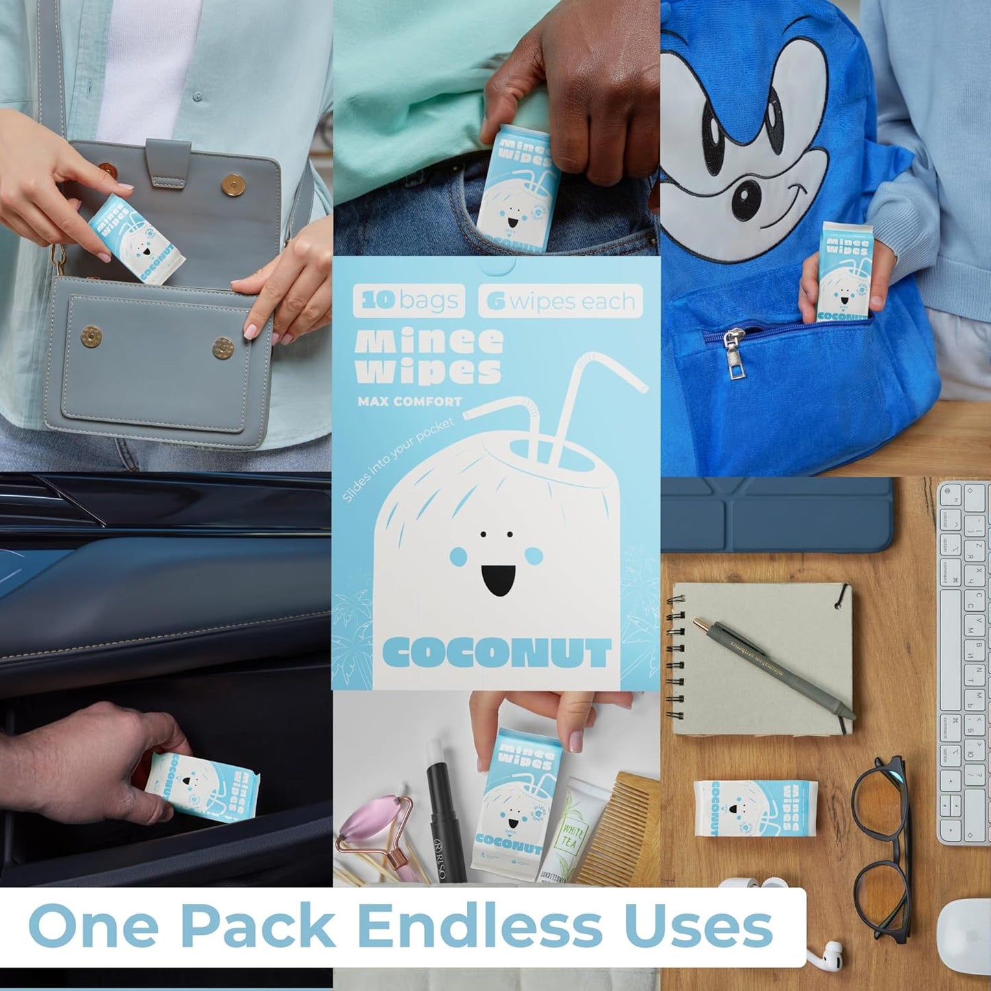 Impossibly Compact Travel Wipes - 99.5% Water - Safe for Sensitive Skin & Hypoallergenic, Resealable, Thick & Durable - For Adults, Kids & Baby Care - Coconut, 10 Pack Total 60 Wipes