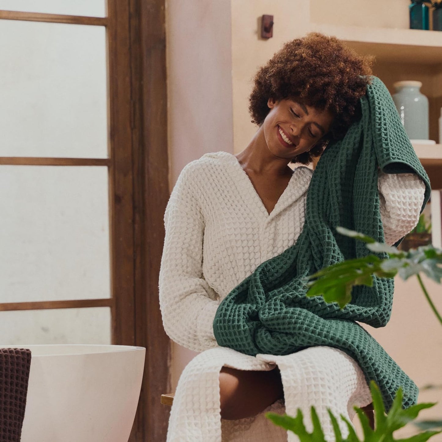 Luxury Japanese Cotton Waffle Bath Towel | Plush, Absorbent, and Quick Dry | Free Storage Bag Included (Forest Green, Bath Sheet Set (3-Piece))