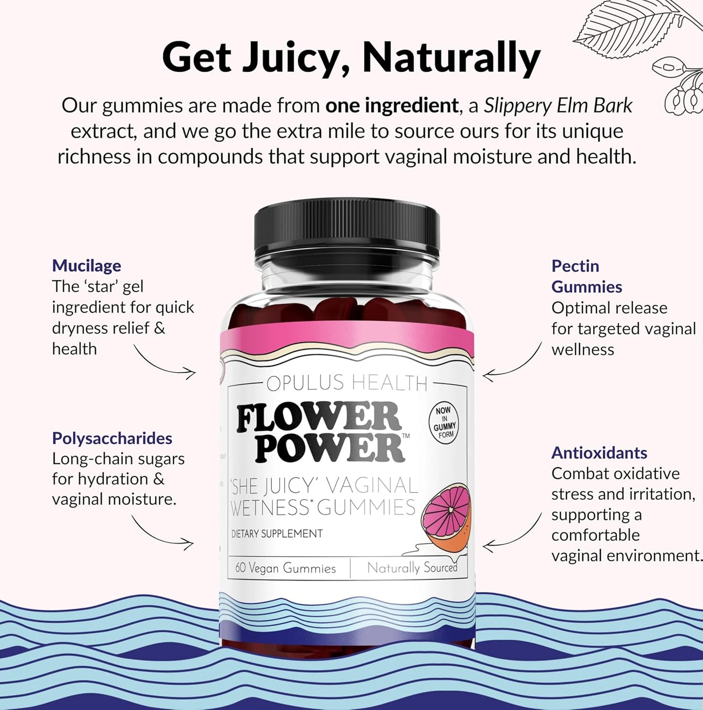 Flower Power Vaginal Dryness Gummies - Vaginal Moisturizer for Dryness, Feminine Care, Sugar Free Slippery Elm Bark Mix Berries, Blueberry Flavor Vaginal Moisture, Vegan, 60 Gummies