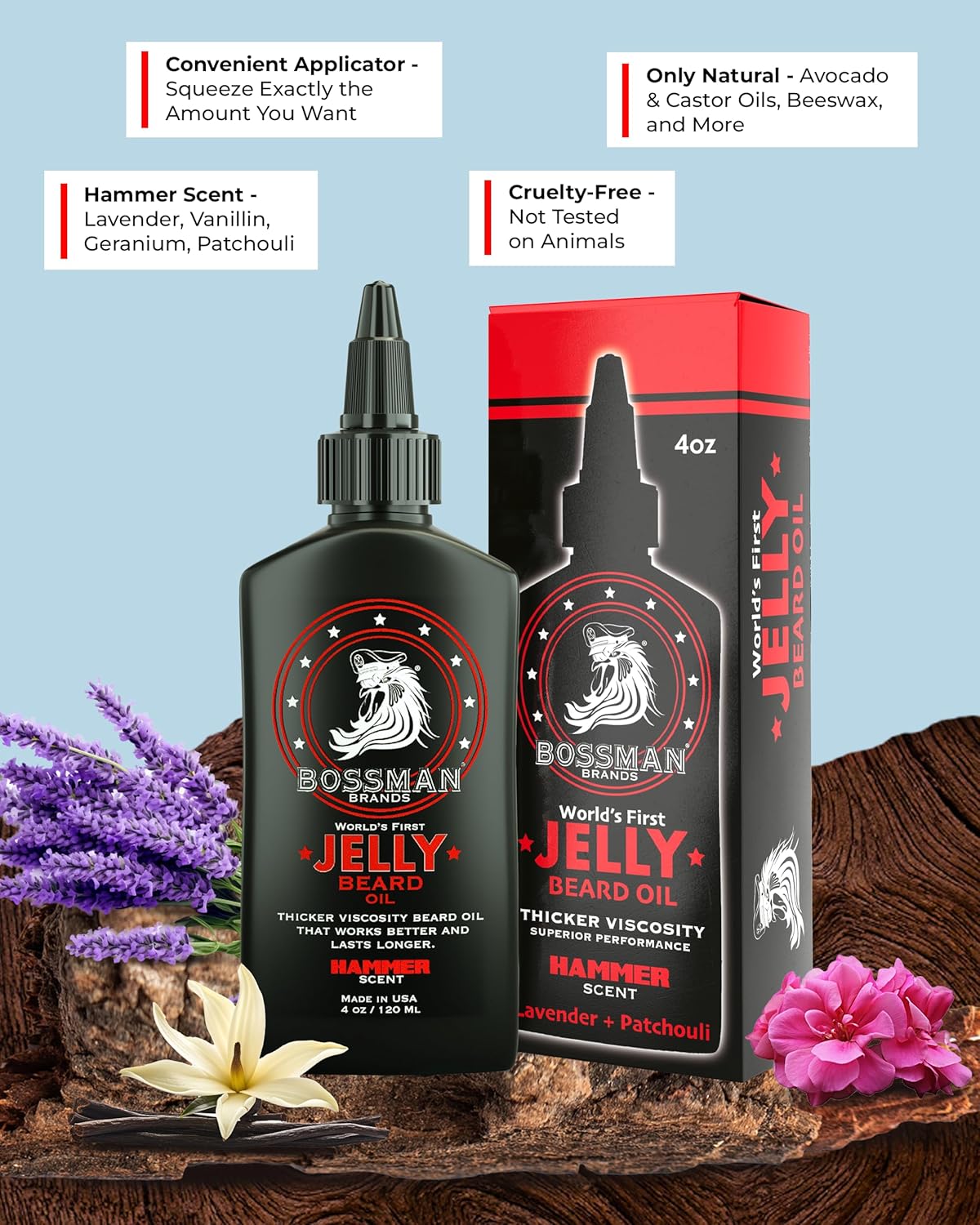 Bossman Jelly Beard Oil for Men (4 oz, Hammer Scent) – Softens, Moisturizes & Conditions with Natural Ingredients
