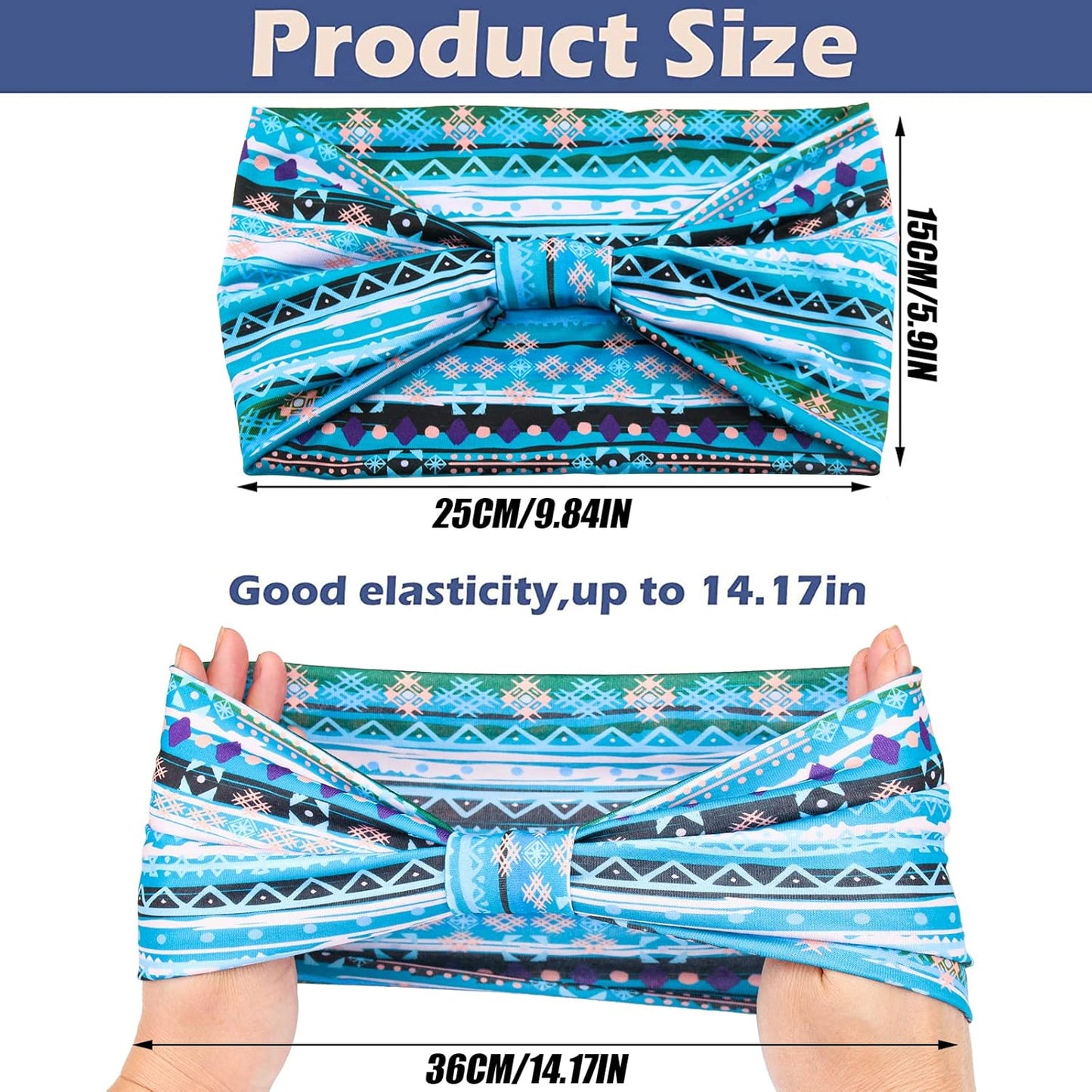 Yeshan Women's Wide Boho Knotted Non-Slip Turban Headwraps - Stretchy Bandeau Hair Bands for Sports, Yoga, Workouts, Pack of 8