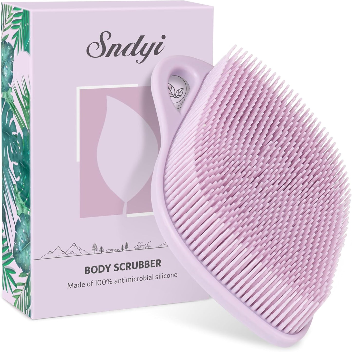 Sndyi Silicone Body Scrubber, Gentle Exfoliating Body Scrubber for Sensitive Skin, Leaf Shaped Shower Scrubber for Body with Lathering Bristles, Silicone Loofah Body Brush for Showering, Purple