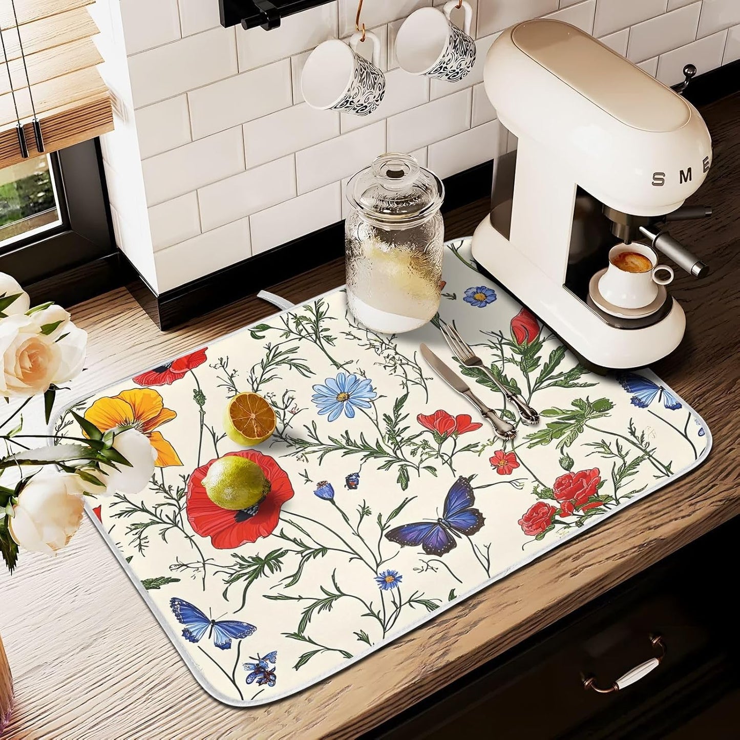 Butterfly Red Tulip Wildflower Dish Drying Mats for Kitchen Counter Absorbent Microfiber Dish Drying Matt 16 x 18 Inch Draining Reusable Rack Pad