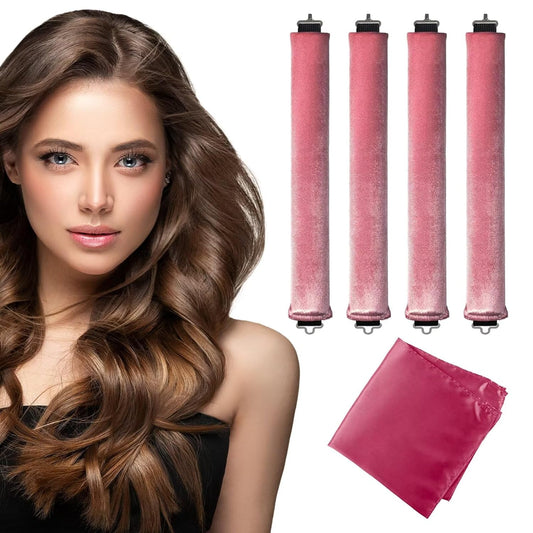 Heatless Curls Overnight Hair Curler - 4 Pcs Curling Rod to Sleep In, Velvet Hair Rollers with Satin Hair Scarf