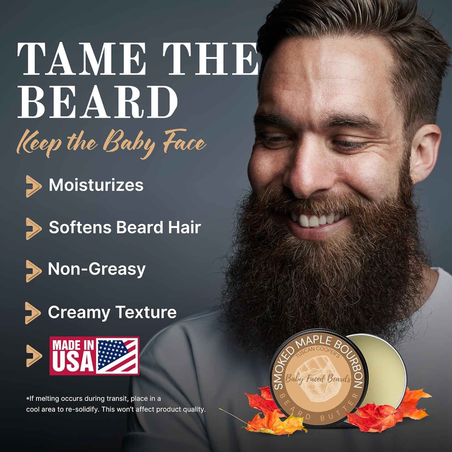 Tuscan Cooper's Baby Faced Beards Butter for Men - Moisturizing Beard Balm Cream and Softener for All Hair Types Including Coarse Hair - 4oz Hydration and Conditioning Care - Smoked Maple Bourbon