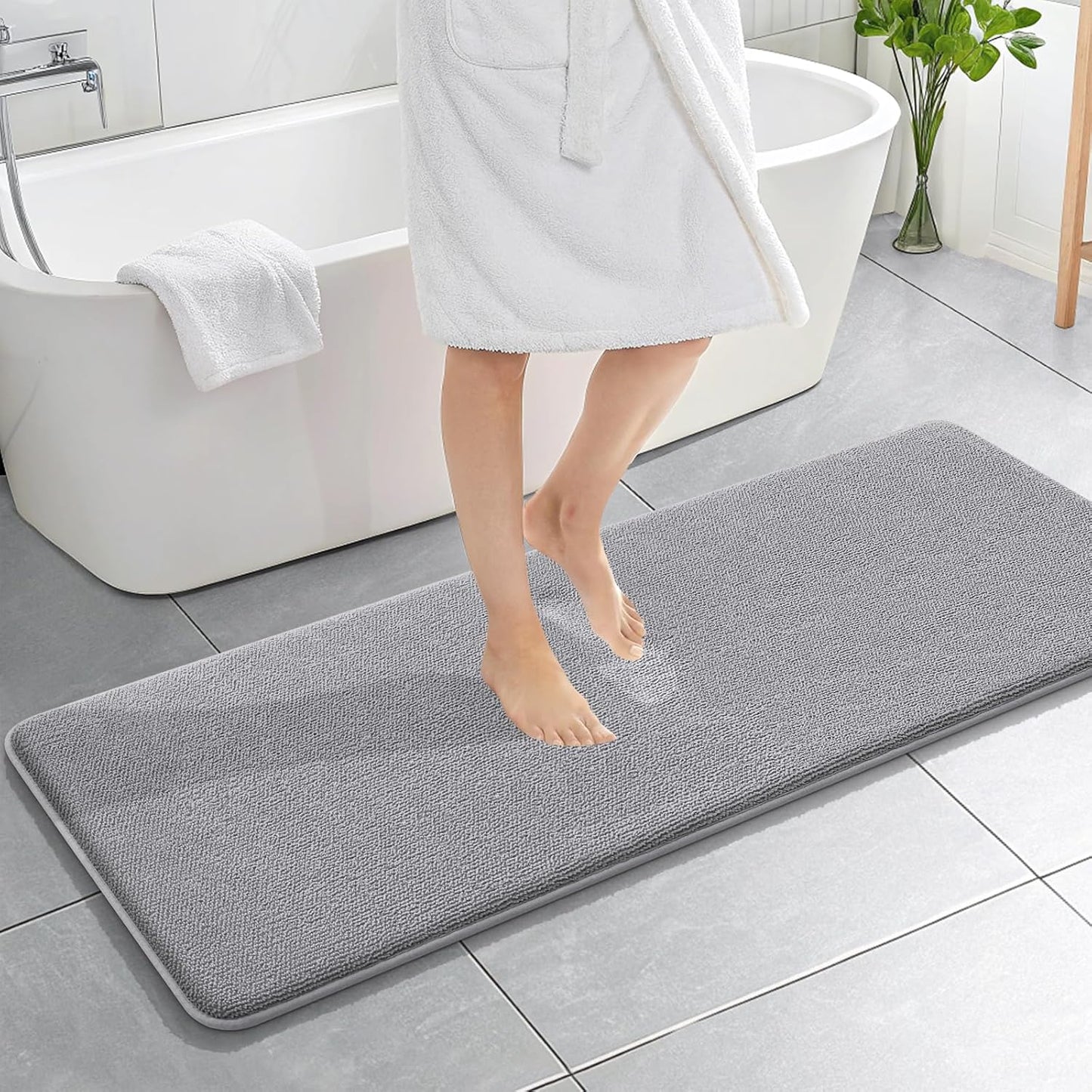 OLANLY Thick Memory Foam Bath Mat Rug 59x20, Extra Soft Absorbent Bathroom Rug, Quick Dry Bath Mats, Non-Slip, Machine Washable Carpet for Bathroom, Tub and Shower, Home Decor Accessories, Grey