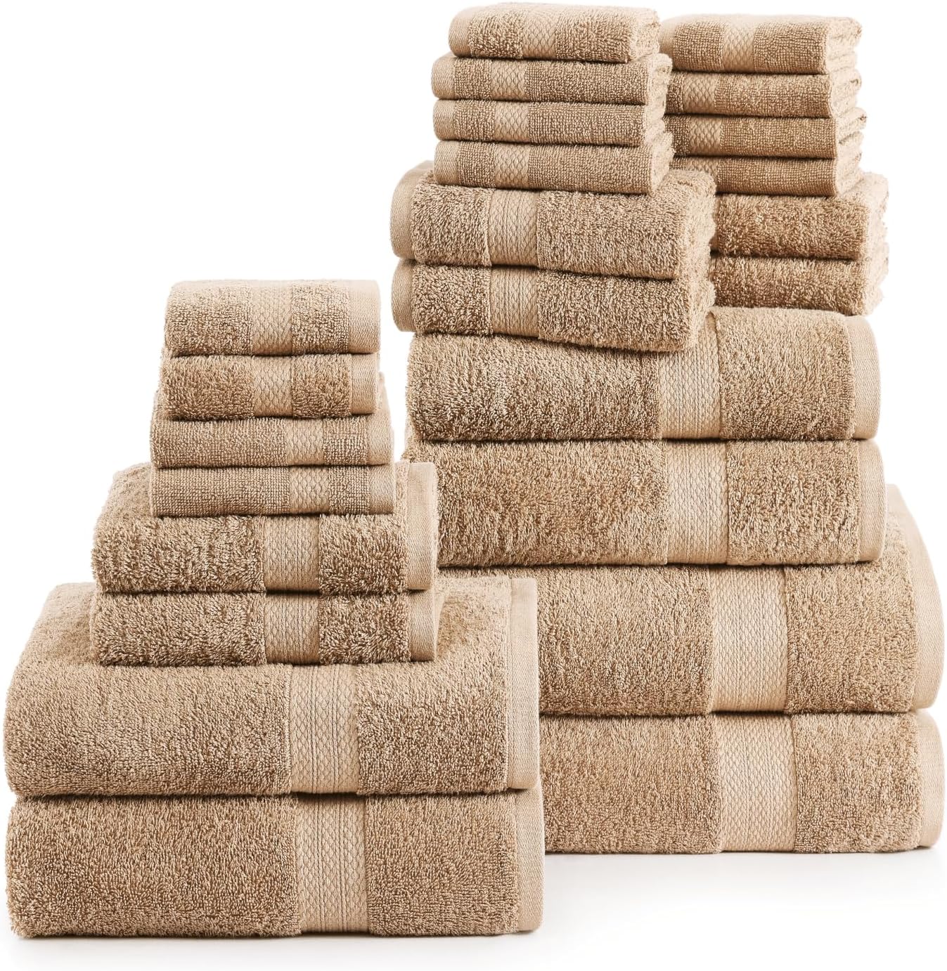 LANE LINEN 100% Cotton Bathroom Towels Set - 24 Pcs - Ring Spun Technology - 2 Bath Sheets, 4 Fingertip, 4 Bath, 6 Hand Towels, 8 Washcloths - Very Soft & Absorbent Even After Multiple Washes - Beige