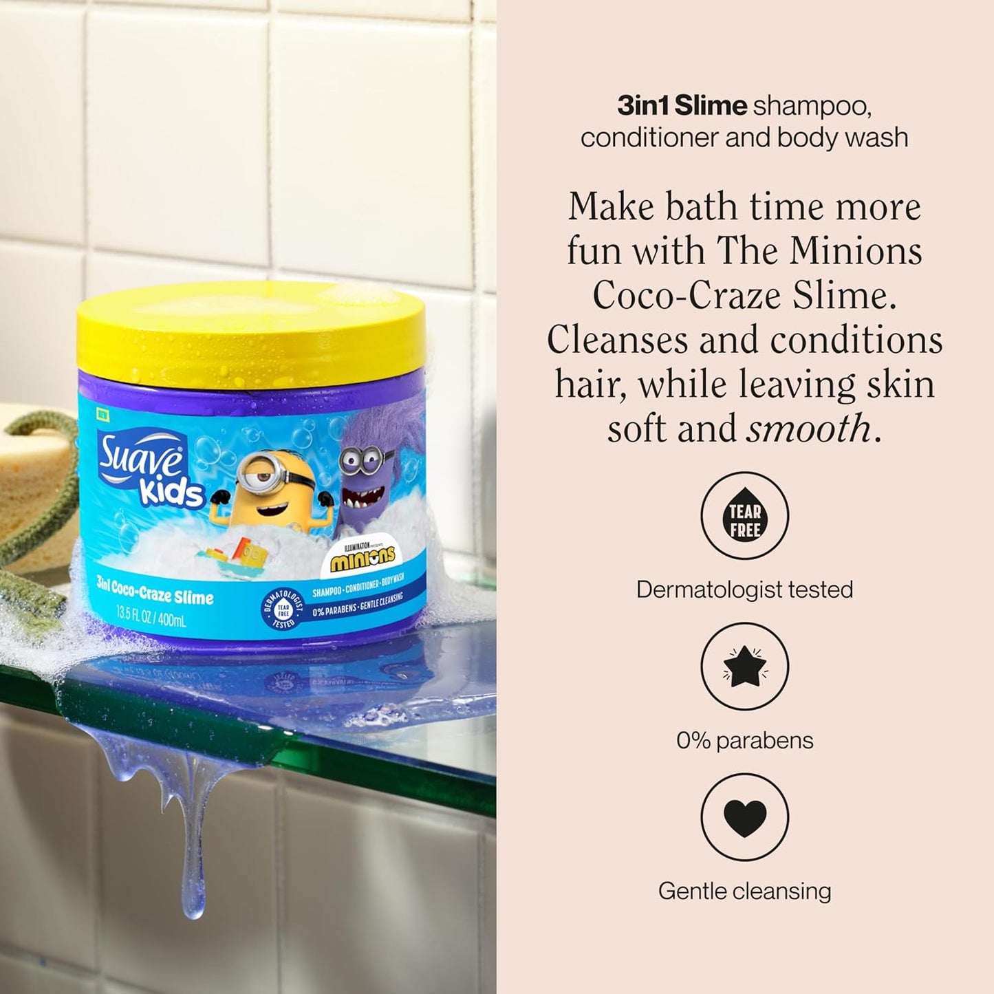 Suave Kids Minions Coco-Craze Slime 3-In-1 Shampoo, Conditioner, and Body Wash, For Tear-Free and Gentle Cleansing, 13.5 oz, 4 Pack