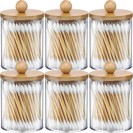 AXX Qtip Dispenser Apothecary Jars Bathroom - Qtip Holder Storage Canister Clear Plastic Jar for Cotton Swab,Q-Tips,Cotton Rounds (Bamboo 6Pcs)