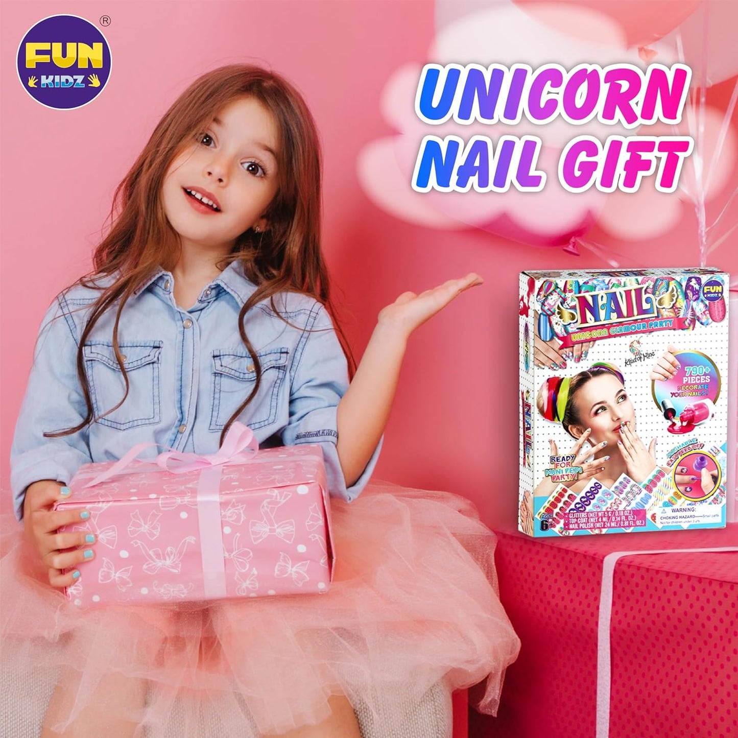 Toy Unicorn Nail Art for Girl 7-12, FunKidz Size 17.91Wx12.4L Ultimate Glamour Peelable Nail Polish Kit for Kids Fingernail Set Party Gifts