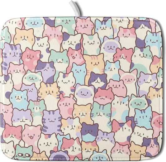 Colorful Cats Dish Drying Mat 16x18 inch Cute Animal Microfiber Reversible Fast Dry Dishes Drainer Rack Pad for Counter Kitchen Table Decor