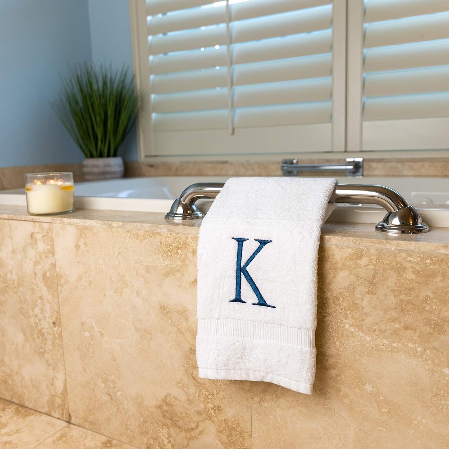 Monogrammed Hand Towels for Bathroom - Luxury Hotel Quality Personalized Initial Decorative Embroidered Bath Towel for Powder Room, Spa - GOTS Organic Certified - Set of 2 Navy Letter K