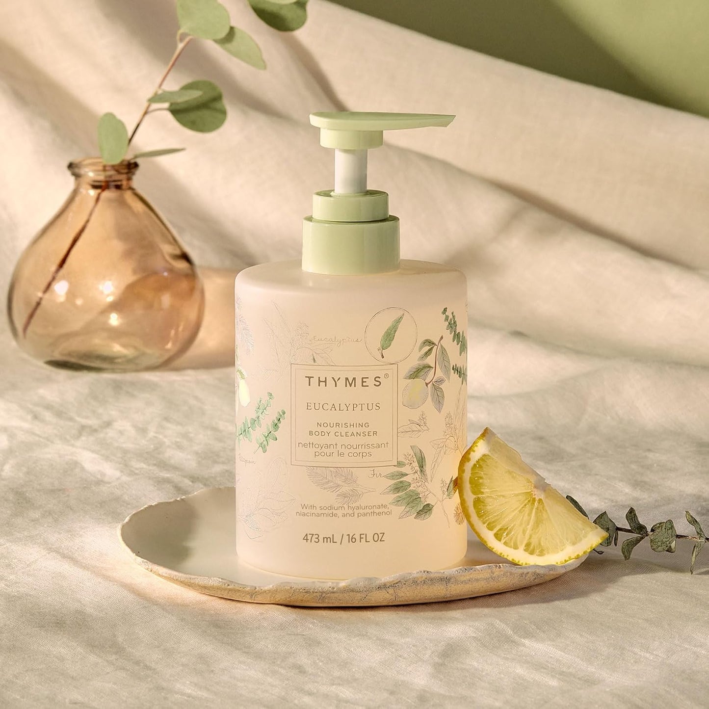 Thymes Nourishing Body Cleanser - Large Moisturizing Body Wash with Pump - Hydrating Cleanser - Notes of Eucalyptus Oil, Lemon, Petitgrain, Bergamot, Lemongrass, & Lush Fir (Eucalyptus, 16 fl oz)